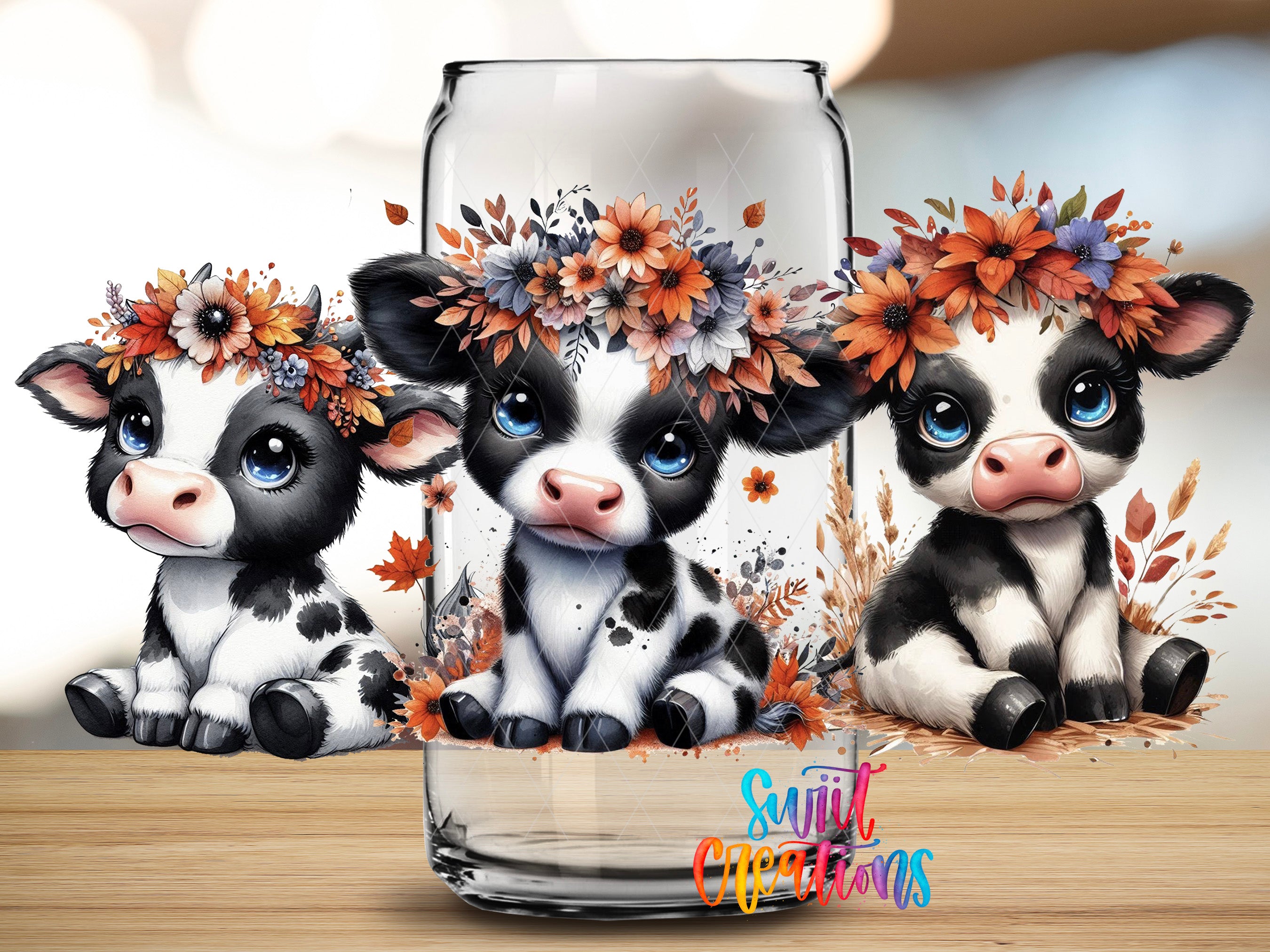 Three cute black and white cows with flower crowns are sitting in front of a glass jar with a floral design.