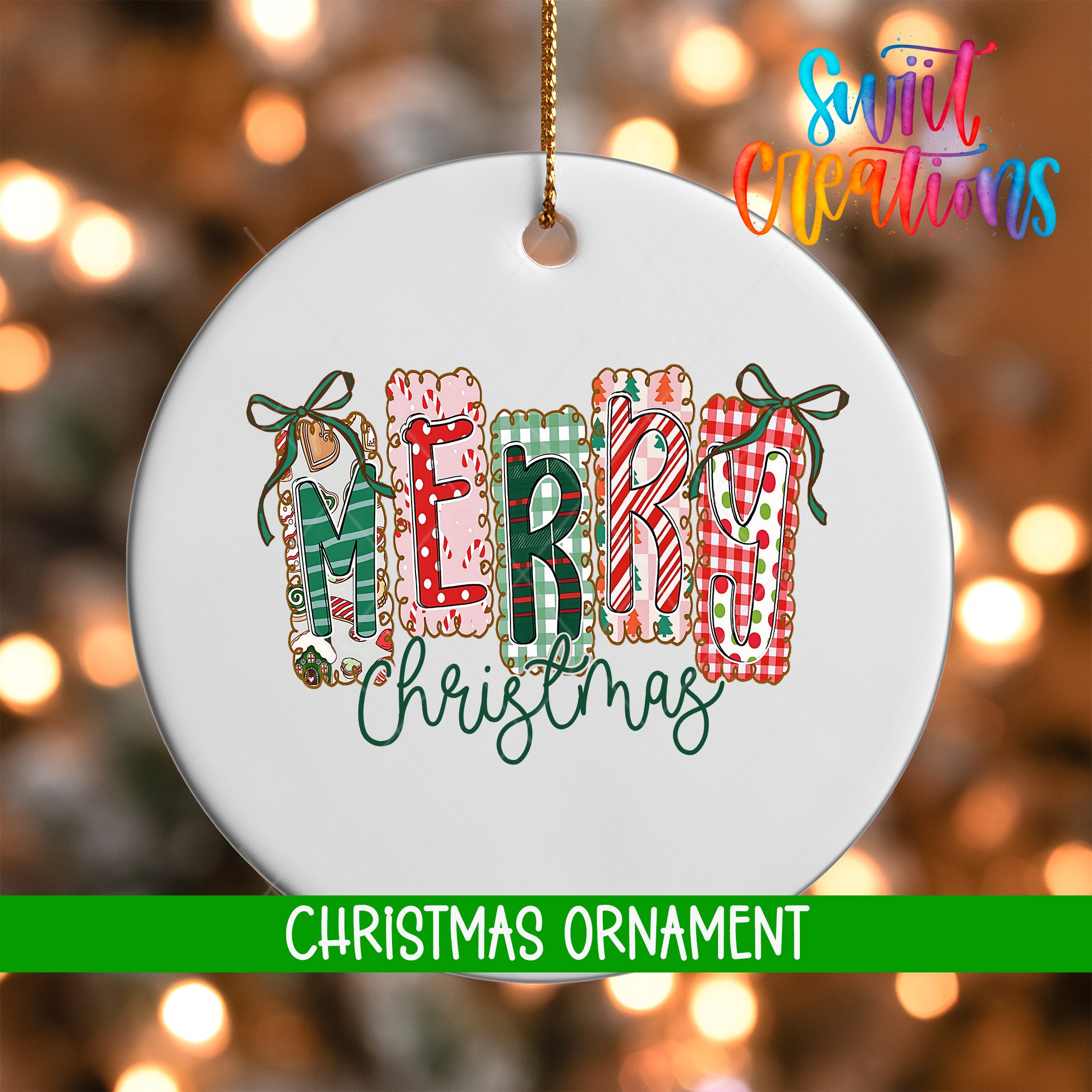 A white Christmas ornament with the word "MERRY" spelled out in colorful letters.