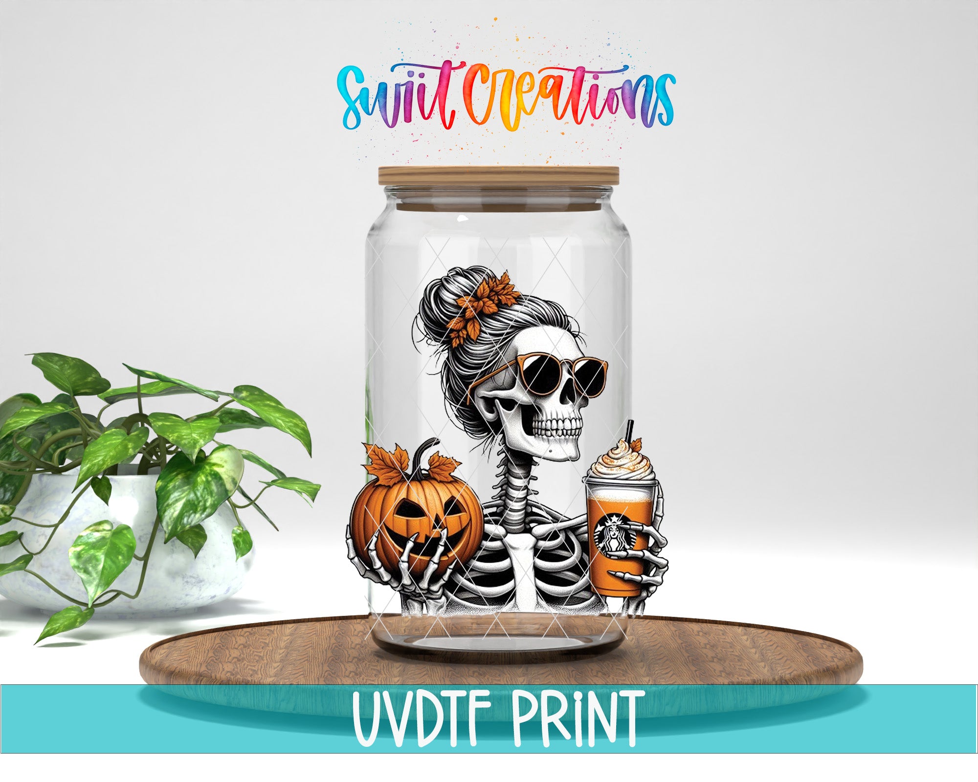 a glass jar with a skeleton wearing sunglasses and holding a pumpkin and a drink, placed on a wooden surface.