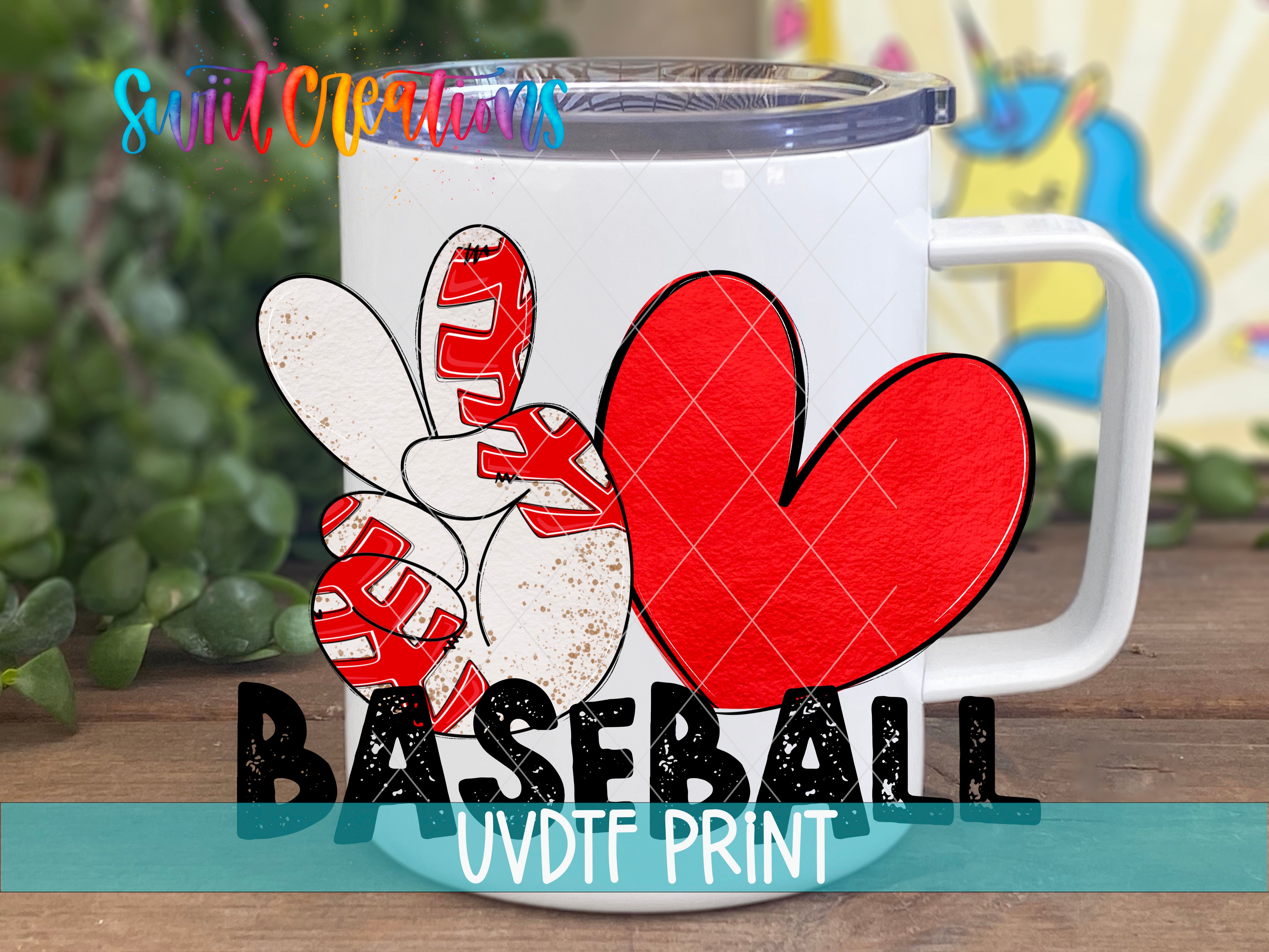 A white mug with a peace sign and a red heart, along with the text "BASEBALL UVDF PRINT" printed on it.