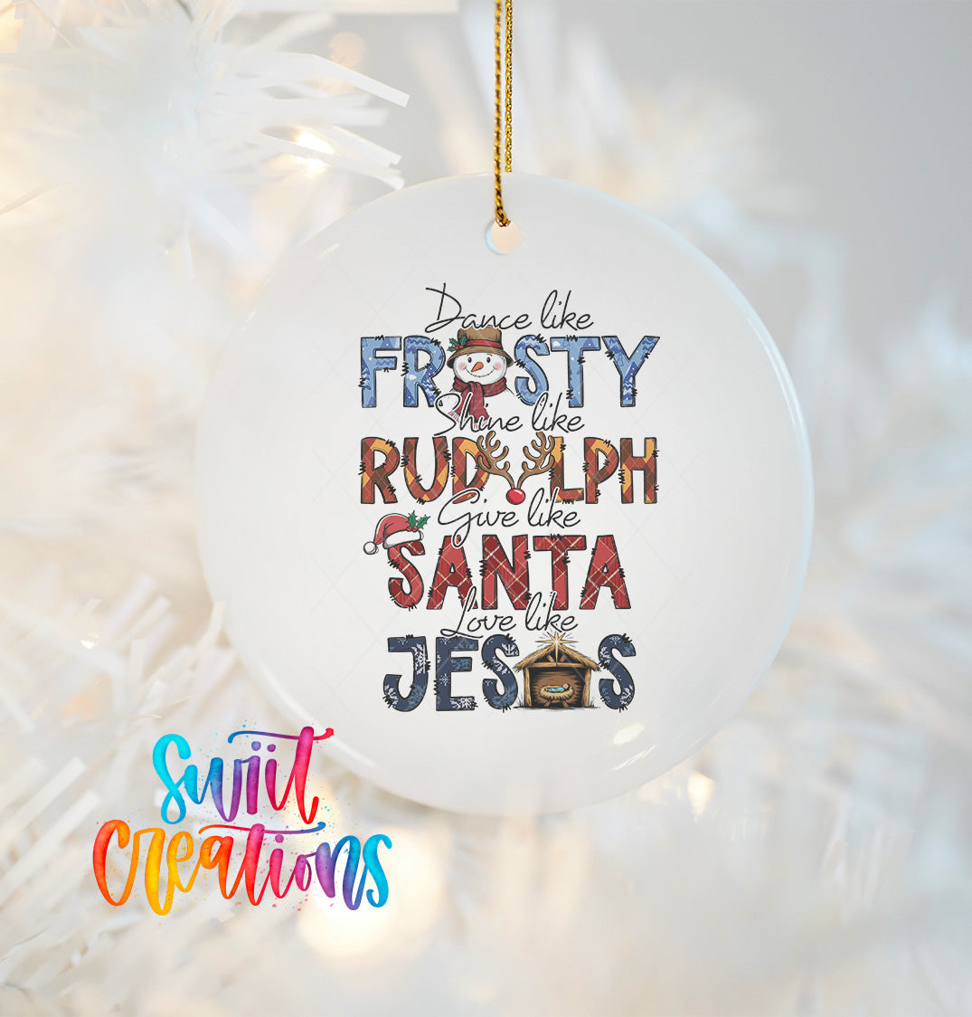 A white ornament with a colorful design featuring Christmas-themed text and illustrations.
