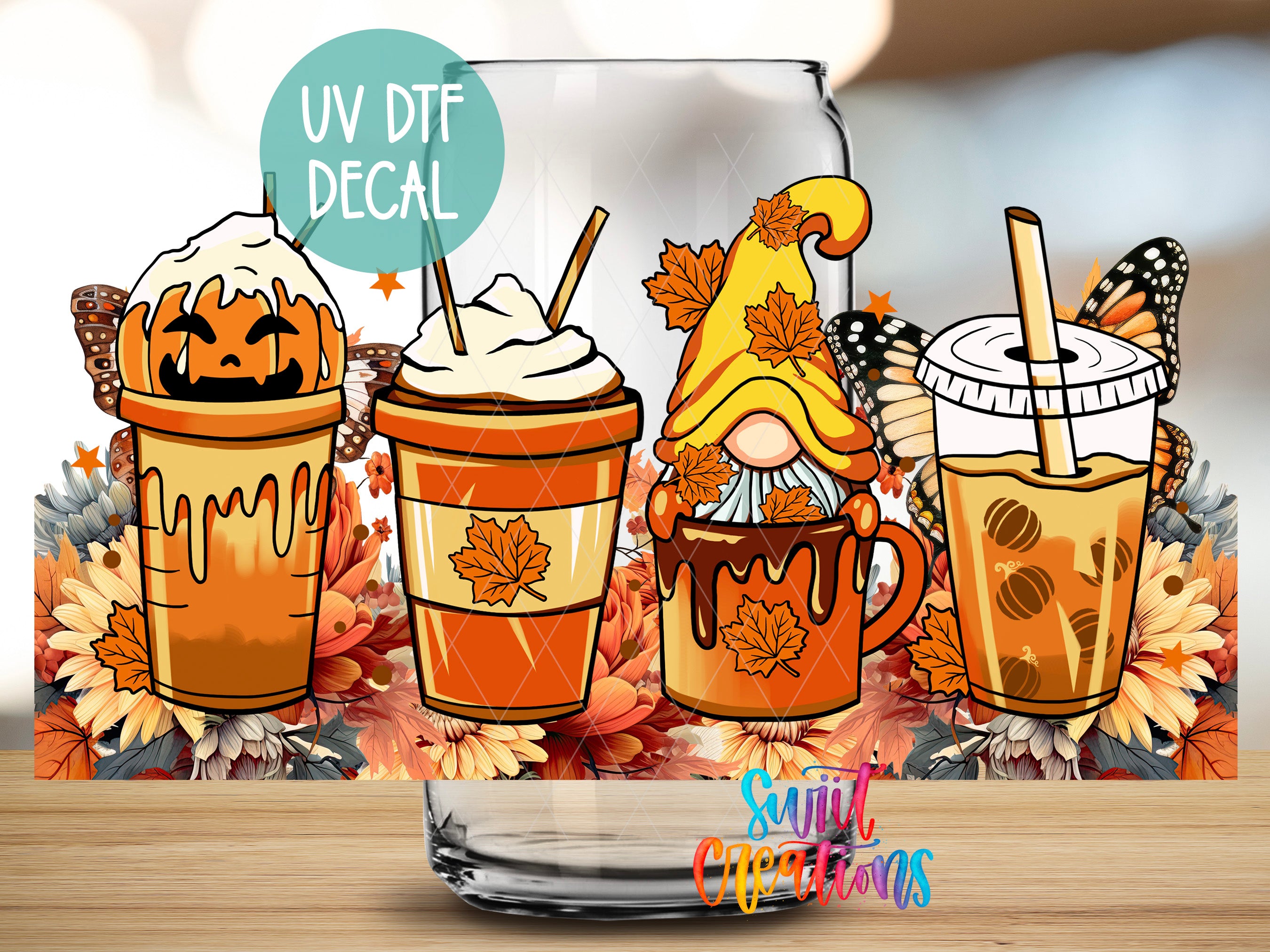 four illustrated coffee cups with autumn-themed decorations, including leaves and butterflies, set against a background of fall flowers.