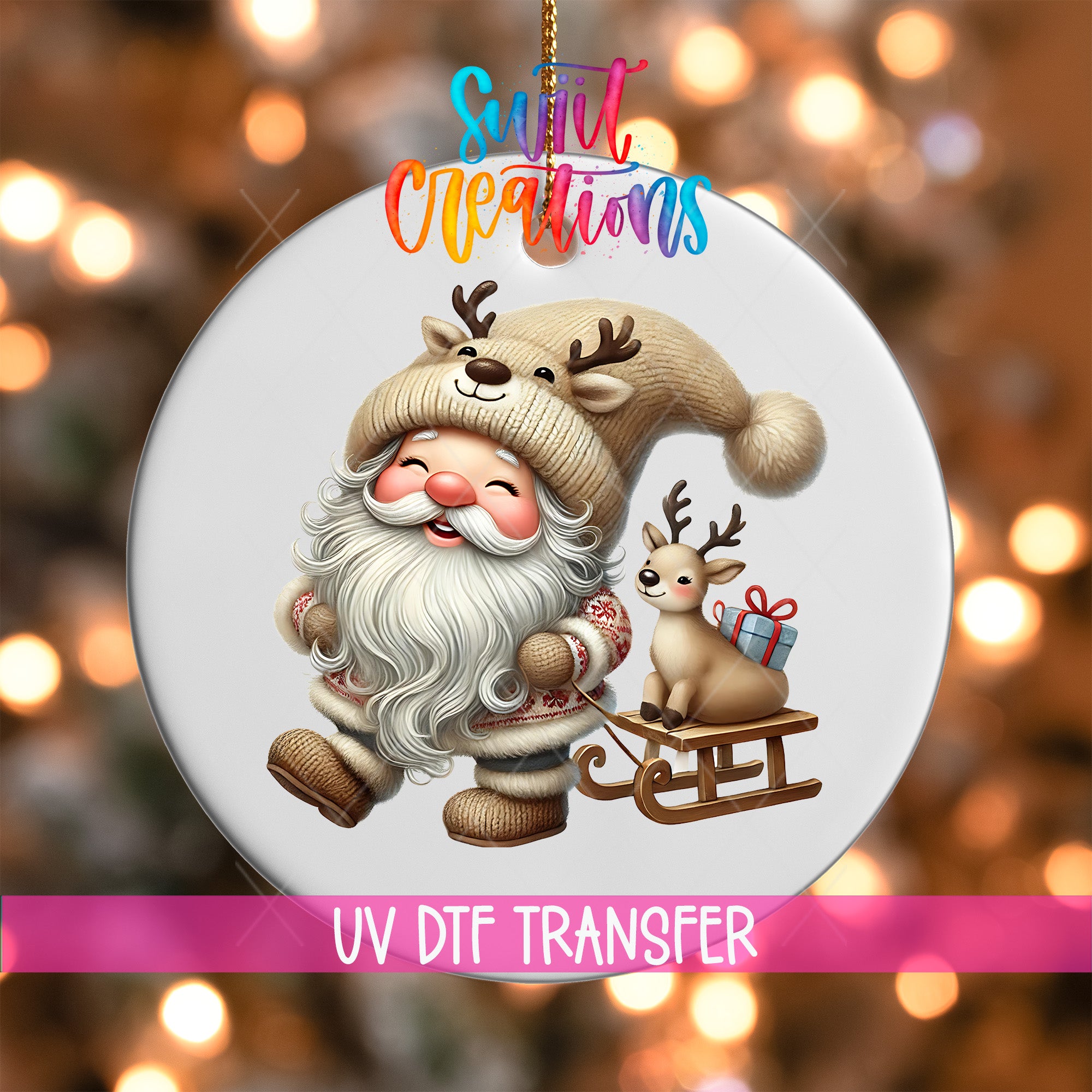 Santa Claus with a reindeer and a gift, wearing a hat and holding a present, is depicted in the image.