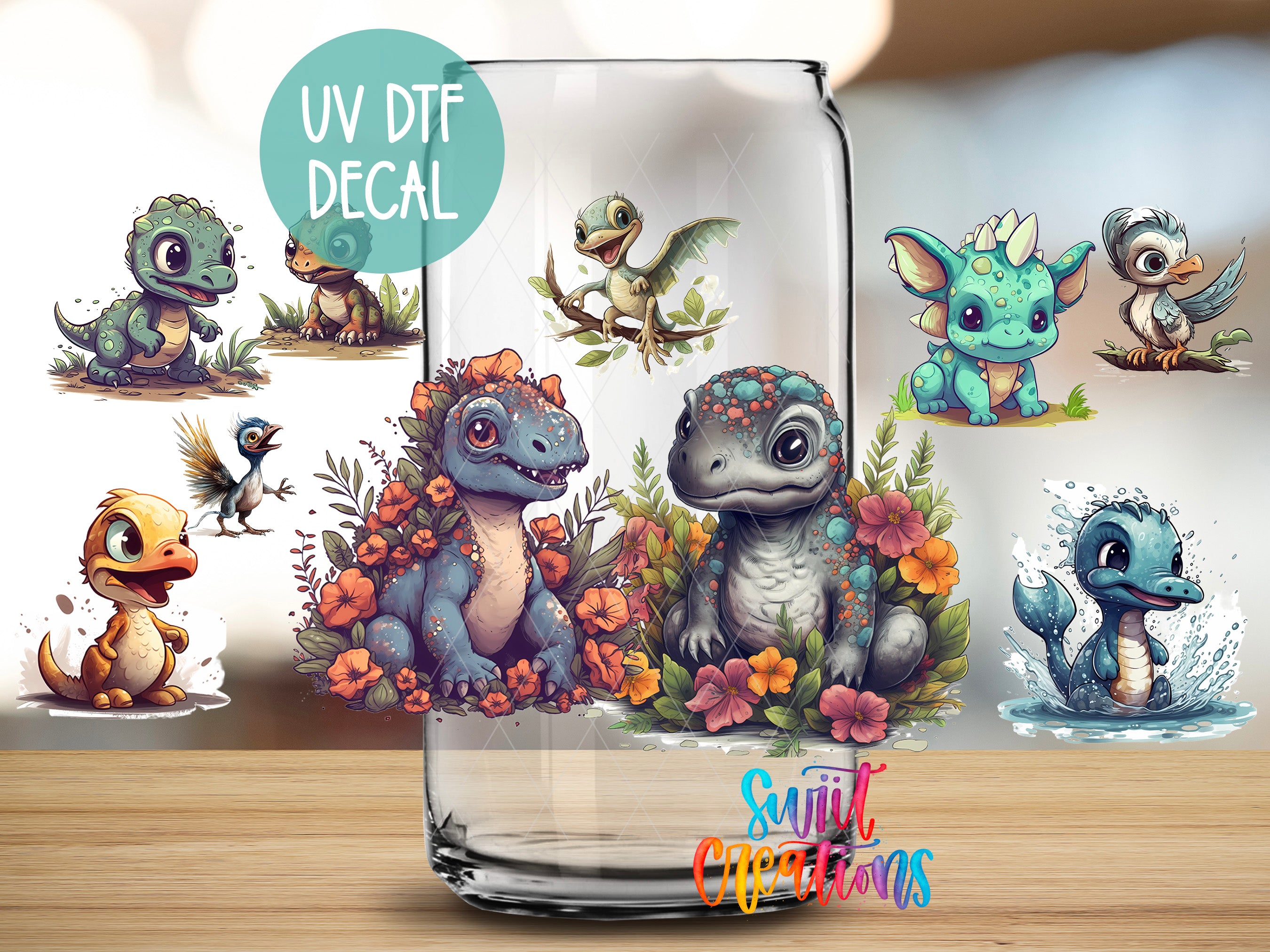 a glass jar with various cartoon-style illustrations of small animals, including birds, flowers, and other whimsical creatures, all set against a blurred background.