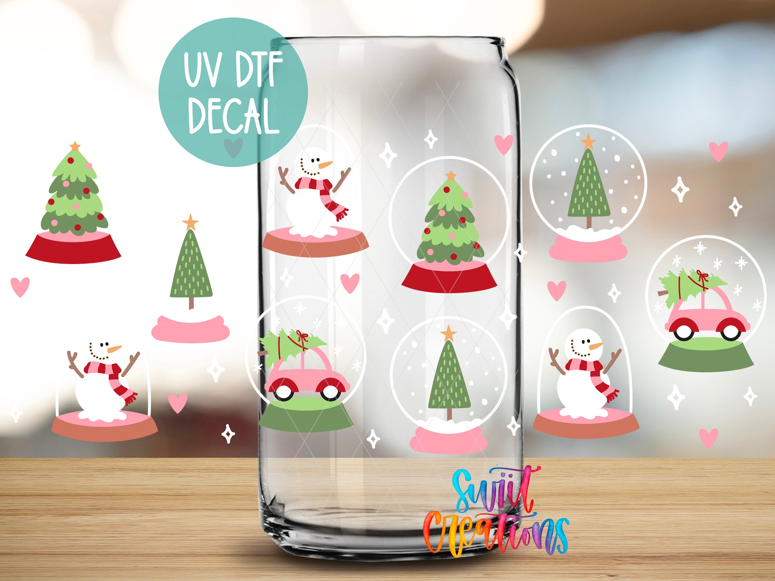 a glass jar with various Christmas-themed decals, including snowmen, Christmas trees, and snow globes.