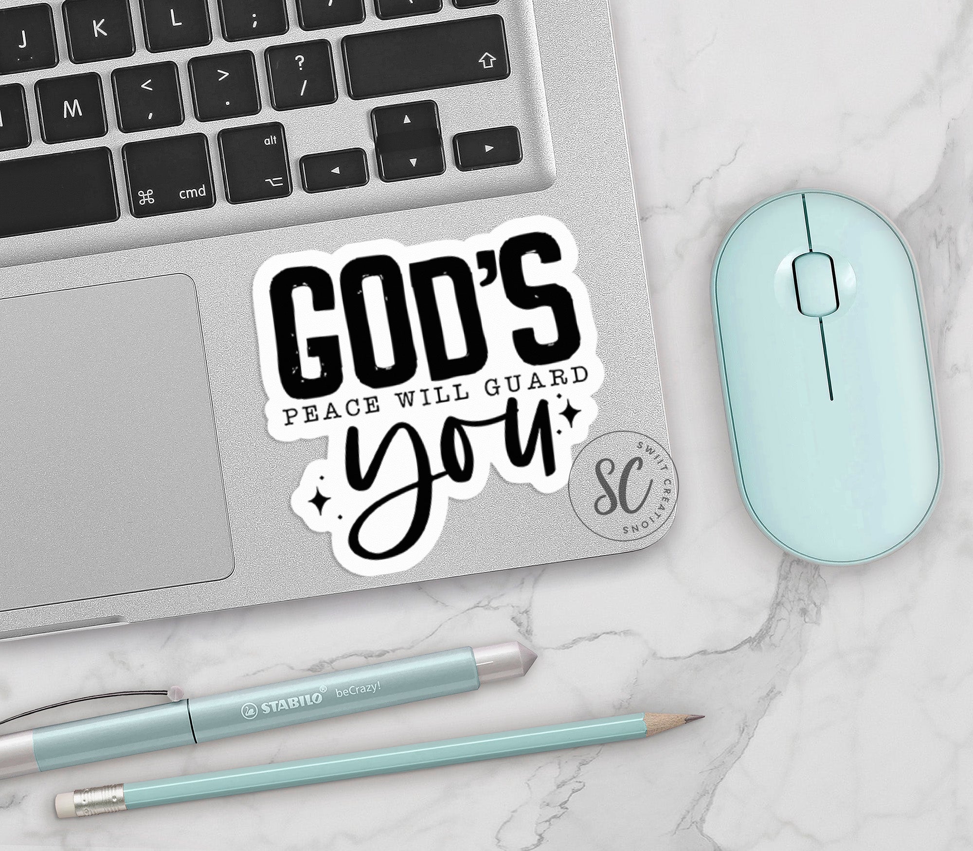 a laptop with a sticker that says god's peace will lead you