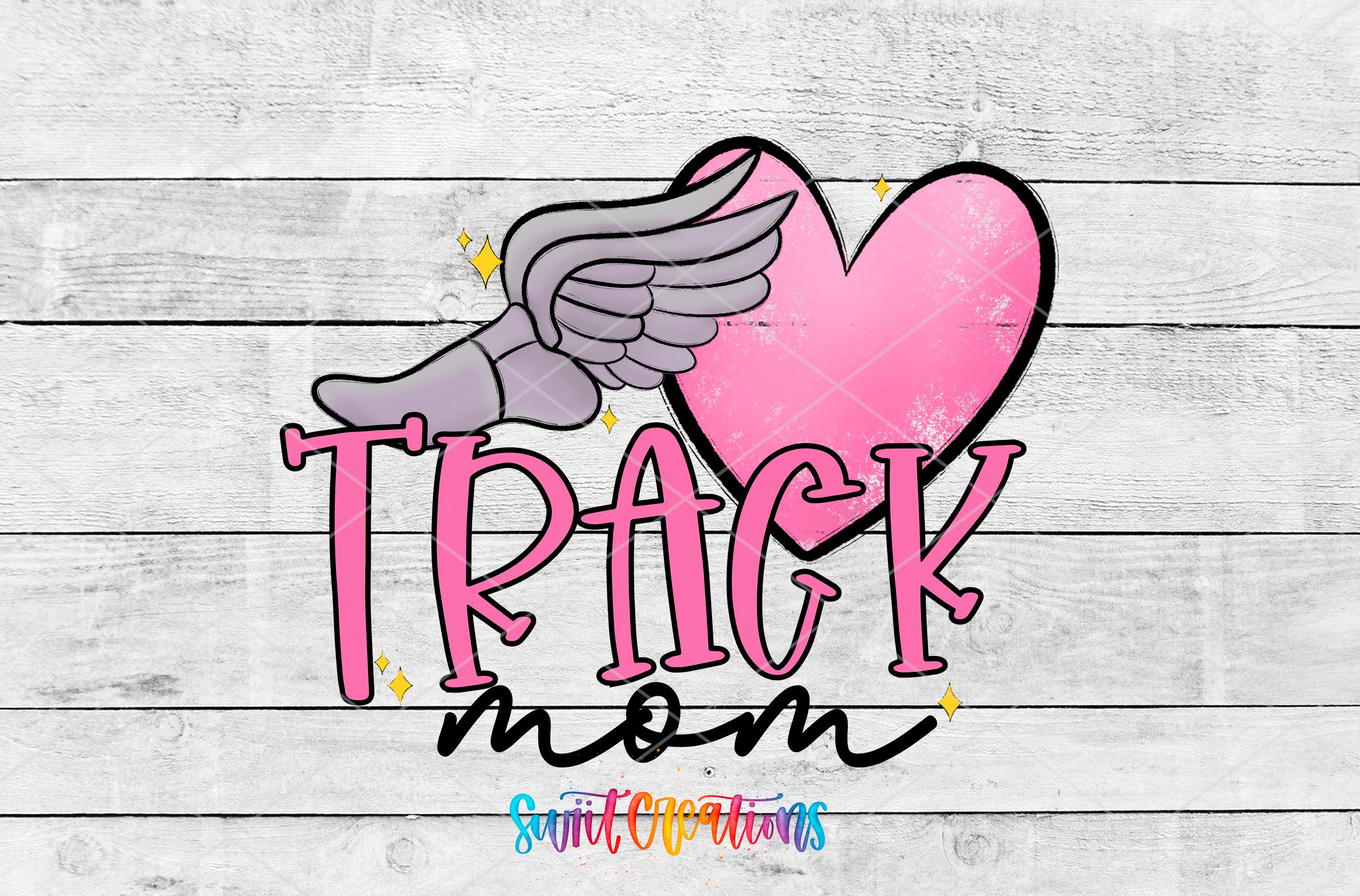 a pink heart with wings and the word "TRACK" written in a stylized font, all set against a white wooden background.