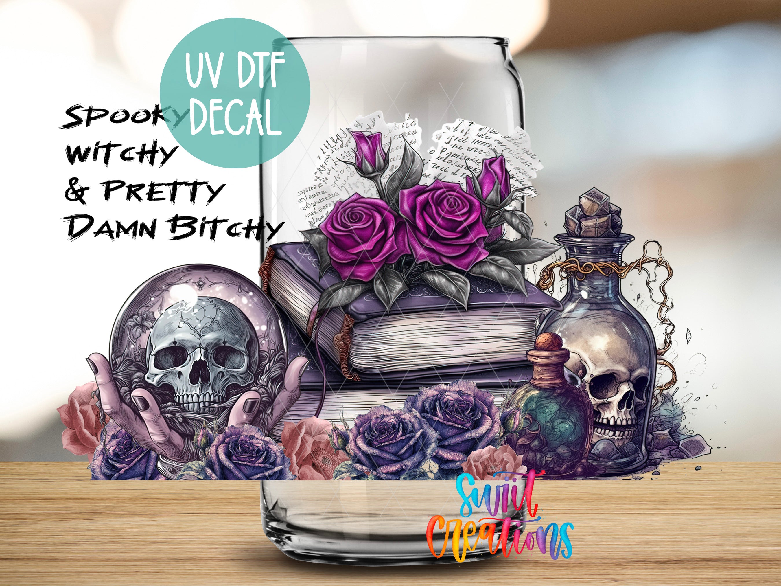 The image is a digital illustration featuring a glass vase with a skull, roses, and various other objects, including a spell book and a bottle.