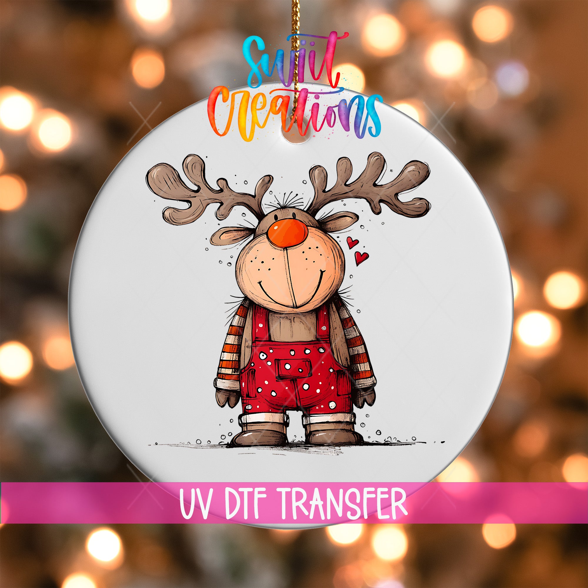 A white ornament with a cartoon reindeer wearing overalls and antlers, with a colorful background.