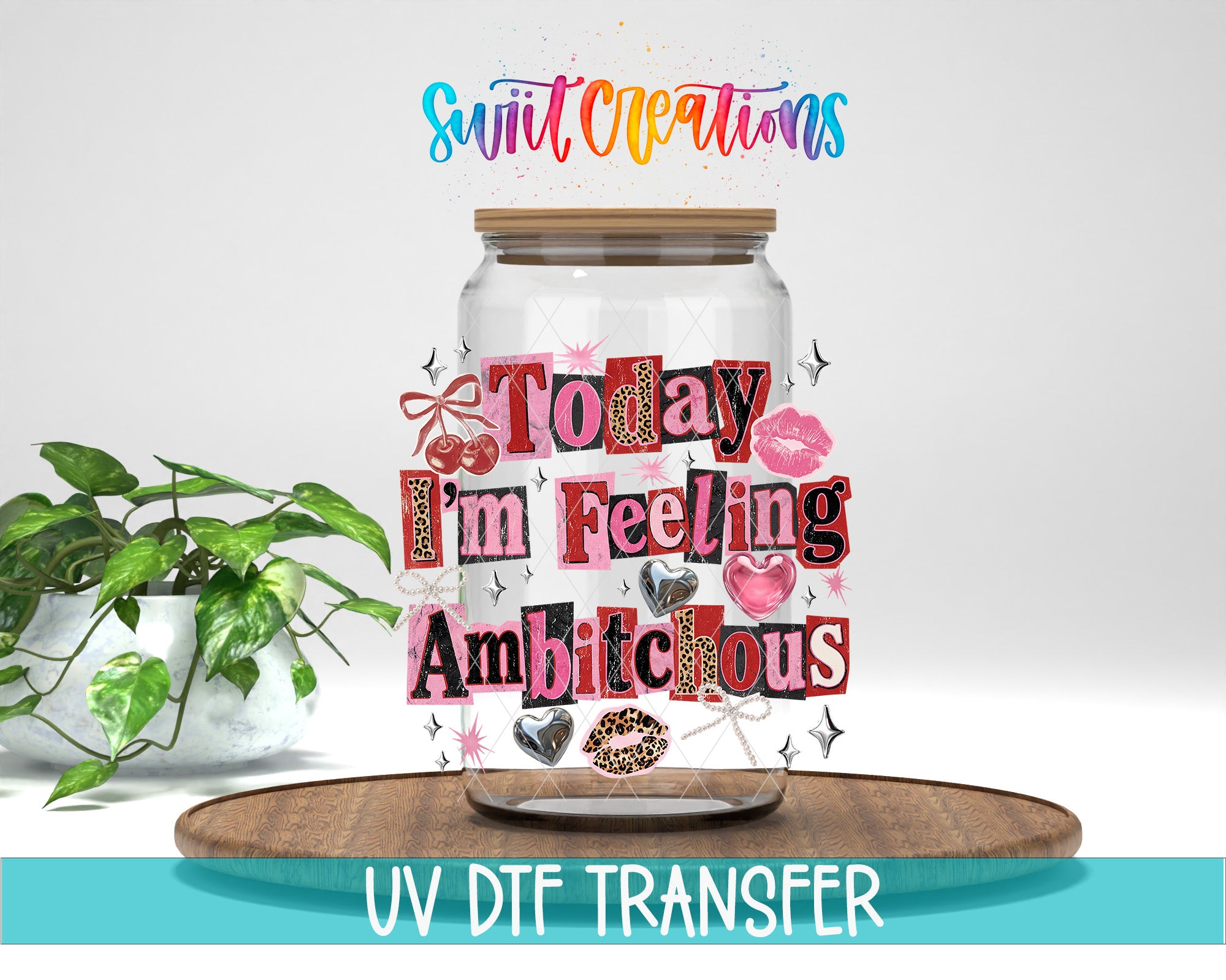 A glass jar with a lid, filled with various colorful and whimsical elements, such as hearts, flowers, and stars, along with the text "Today I'm Feeling Ambiguous" printed on it. The jar is placed on a wooden surface, and there is a potted plant in the background.