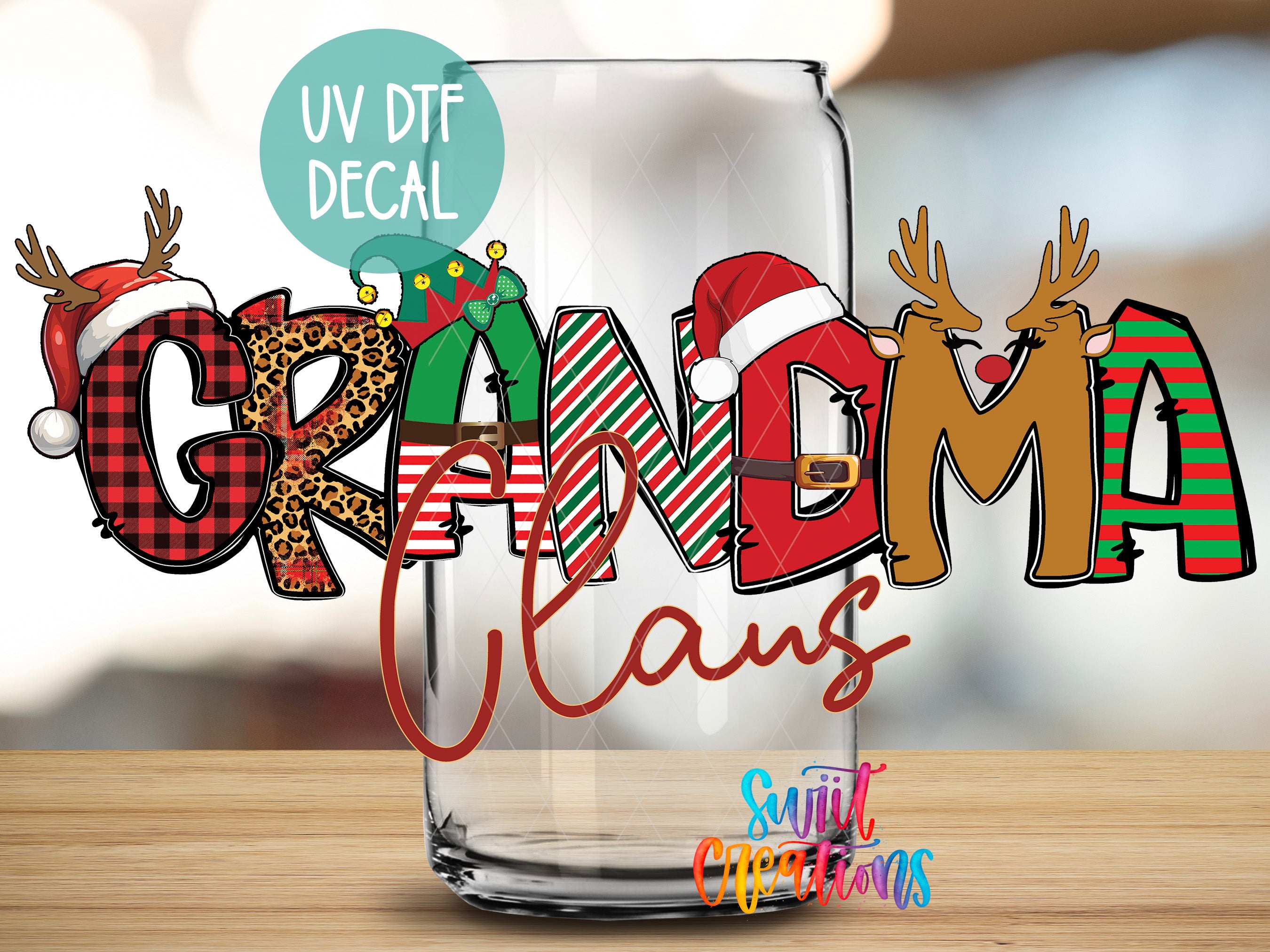 a glass with the words grandma and christmas decorations