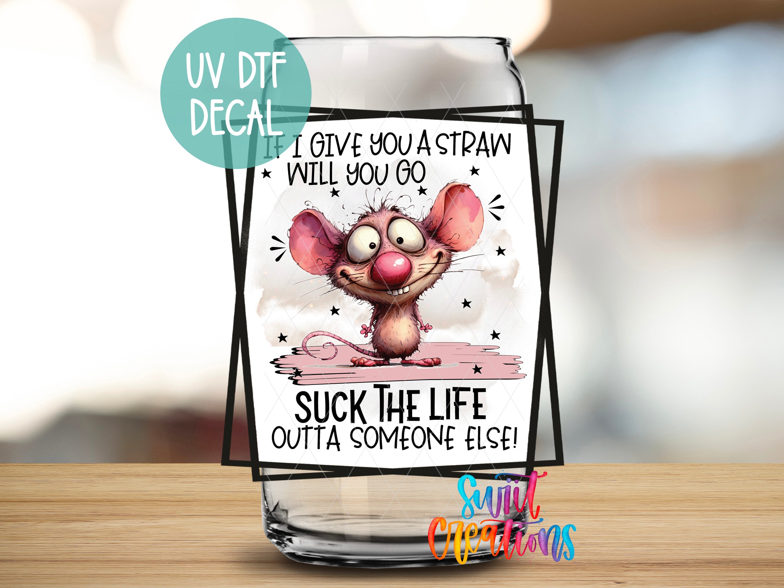 a glass with a picture of a mouse on it