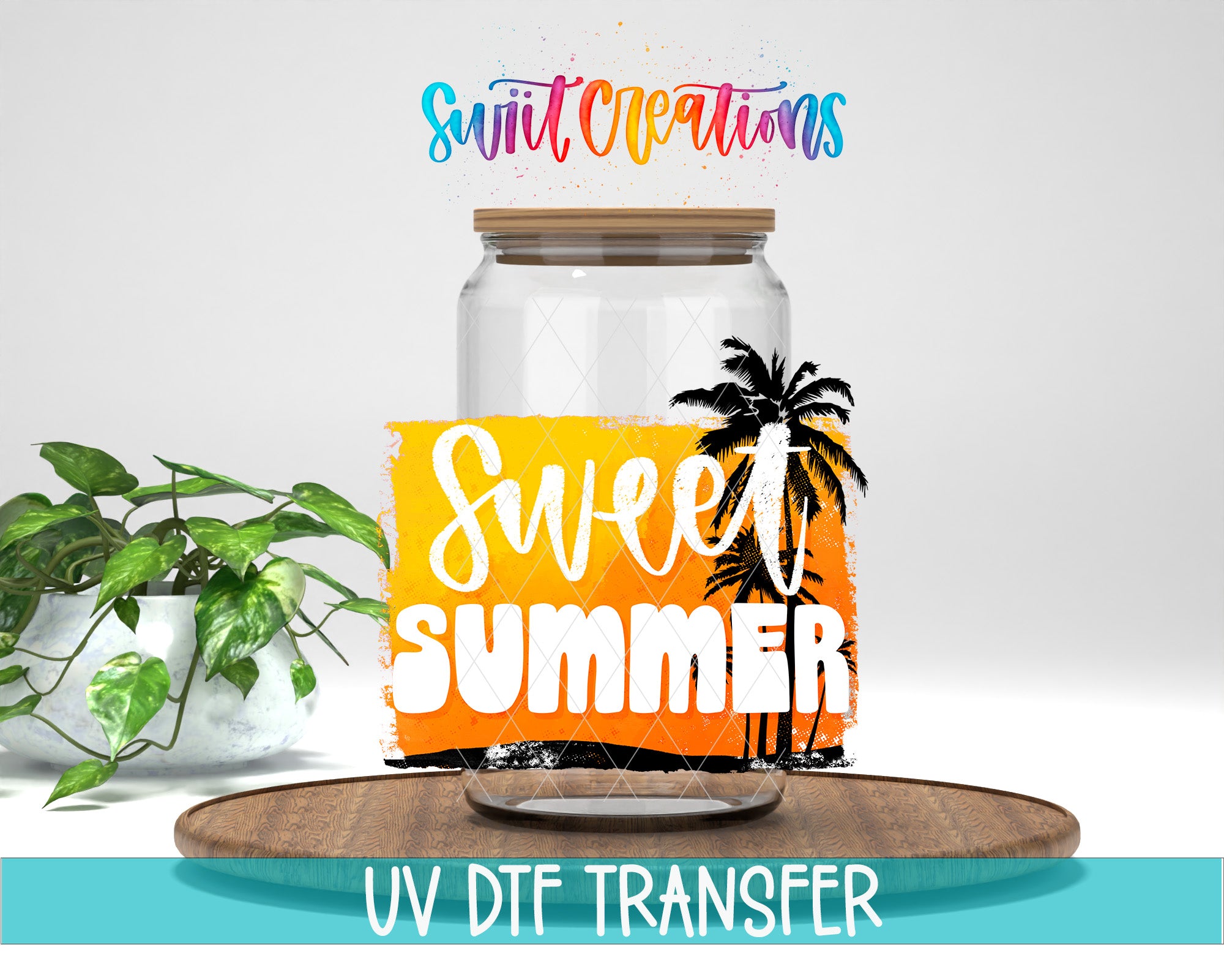 a glass jar with a tropical palm tree design, along with the text "Sweet Summer" written on it. The jar is placed on a wooden surface, and there is a potted plant in the background.