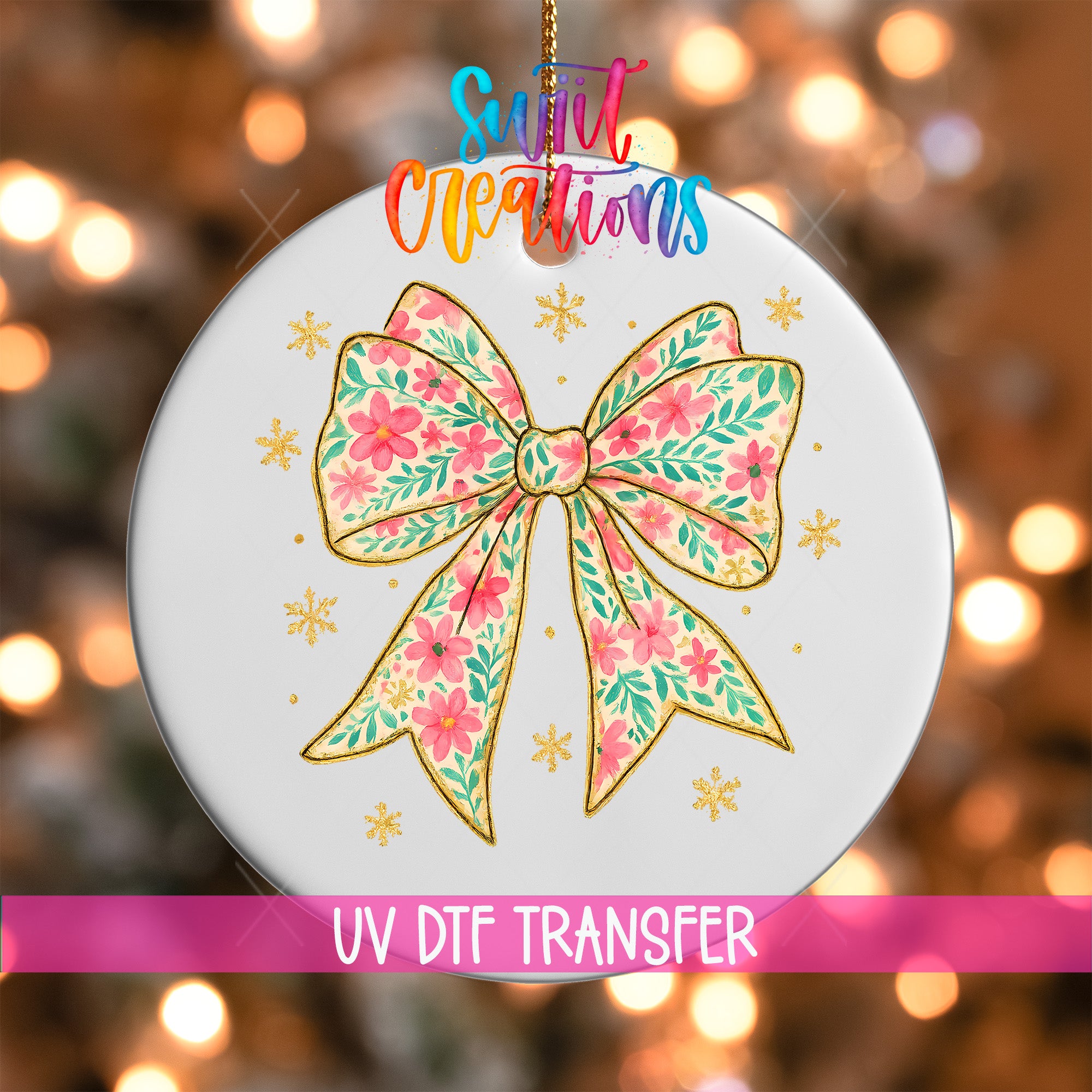 A decorative ornament with a floral bow and snowflakes, hanging against a background of colorful lights.