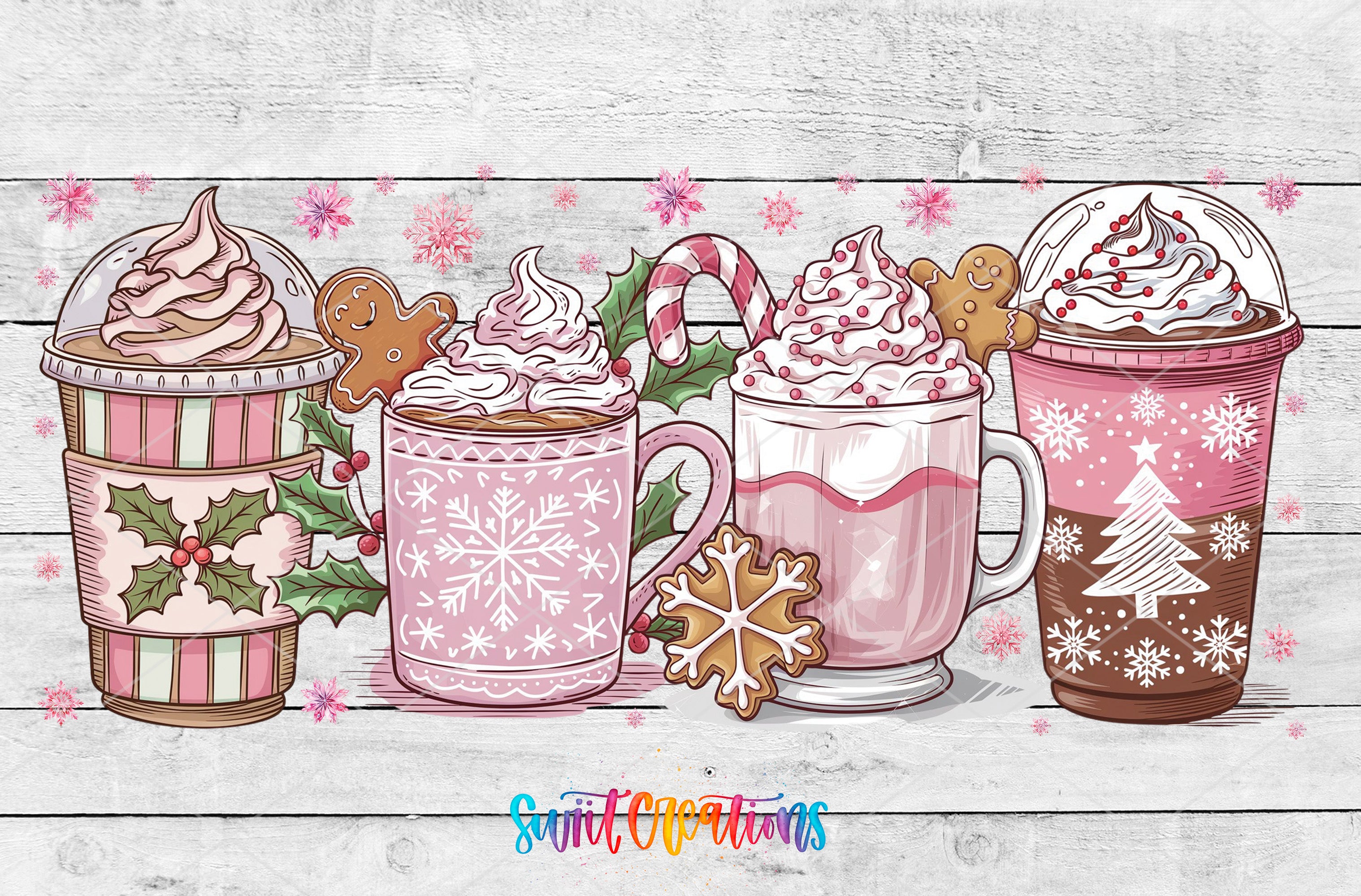 A festive arrangement of hot beverages, including iced coffee, hot chocolate, and a gingerbread man, surrounded by snowflakes and holiday decorations.