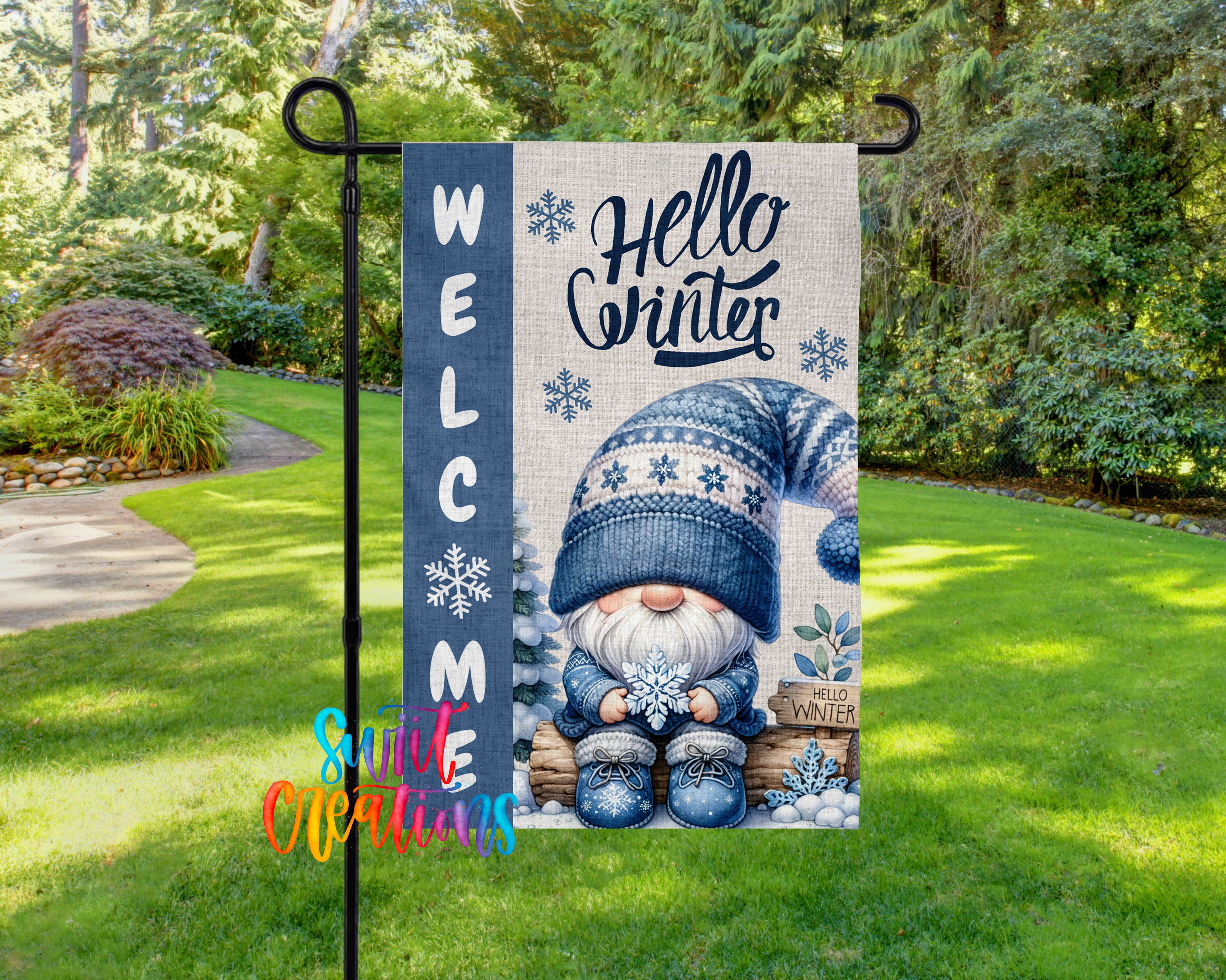 A welcome sign featuring a gnome wearing a winter hat and holding a snowflake, with the text "Hello Winter" displayed on the sign.
