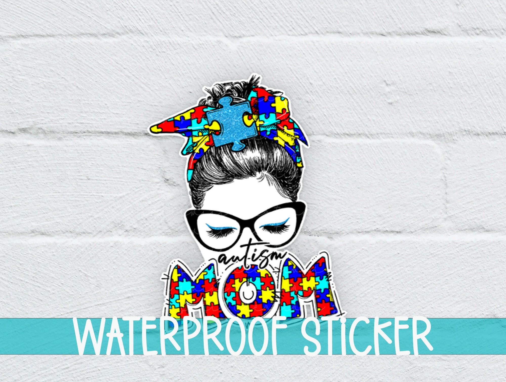 a sticker of a woman with glasses and a puzzle piece on her head