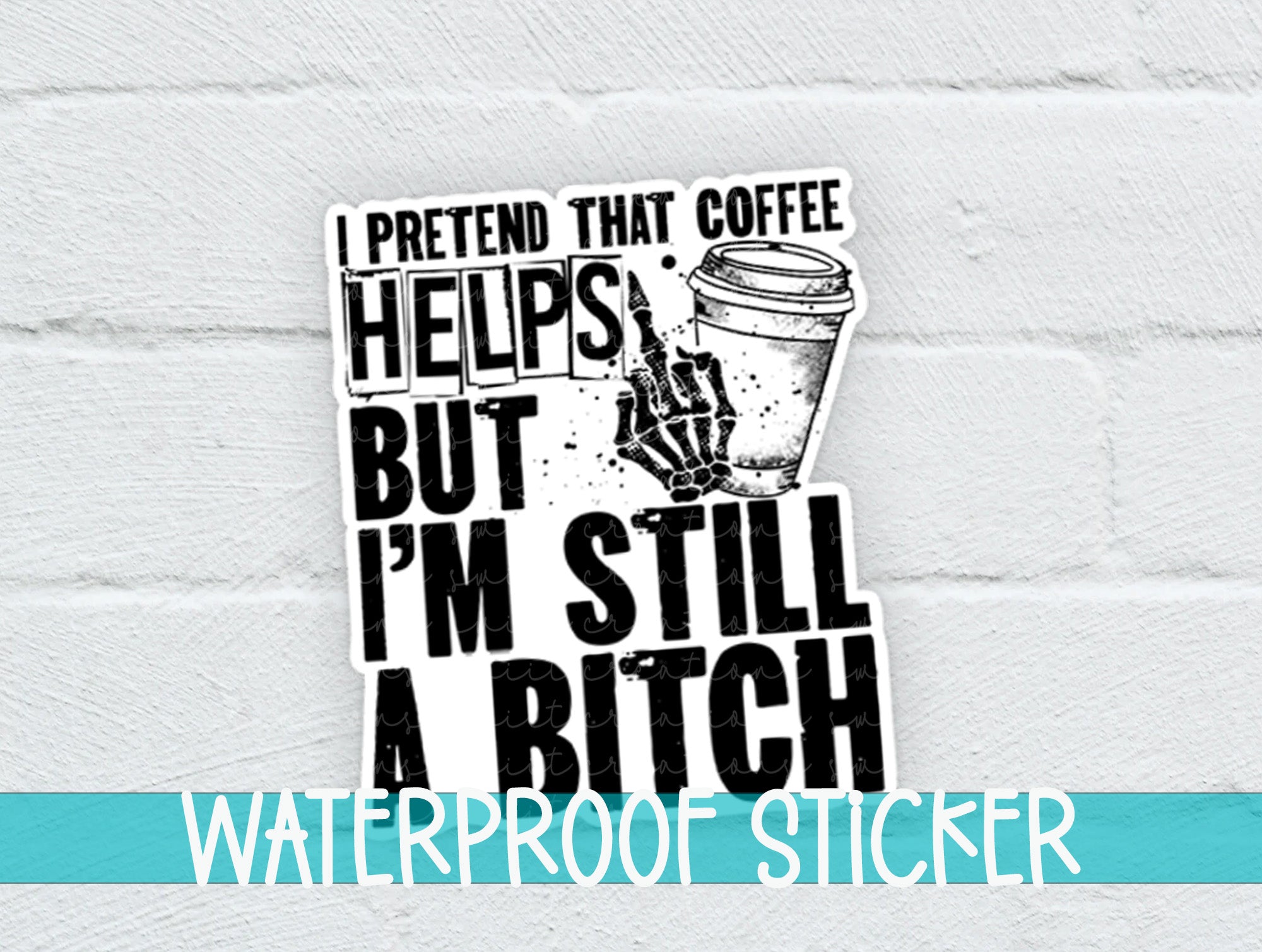 a white brick wall with a sticker of a hand holding a coffee cup