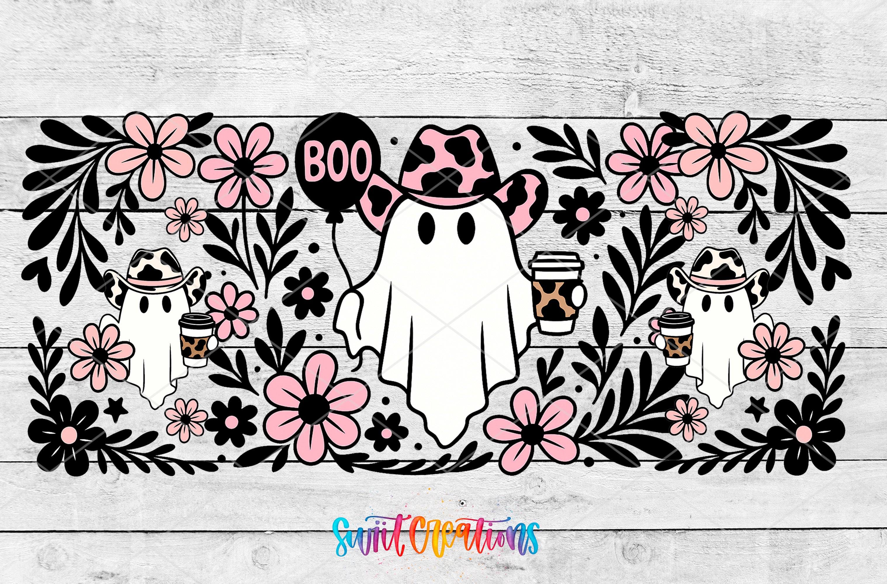 A whimsical Halloween-themed design featuring a ghost wearing a cowboy hat, surrounded by pink flowers, leaves, and a balloon with the word "BOO" on it.