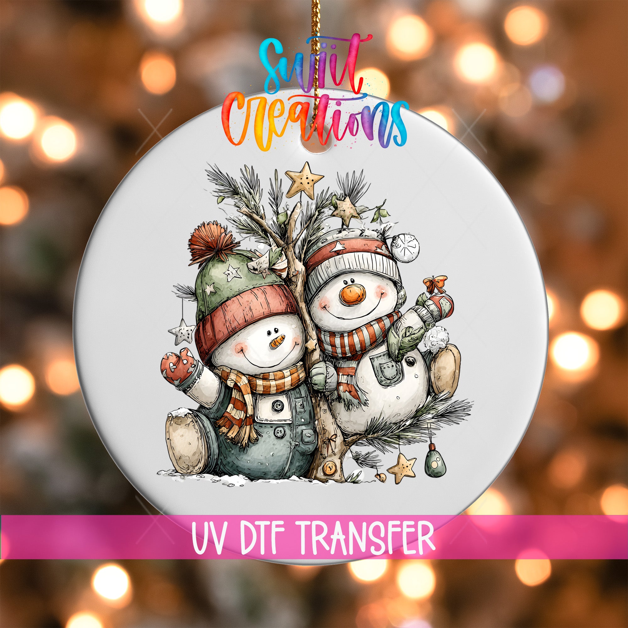 A decorative ornament featuring two snowmen, one wearing a green hat and the other wearing a striped scarf, against a background of twinkling lights.
