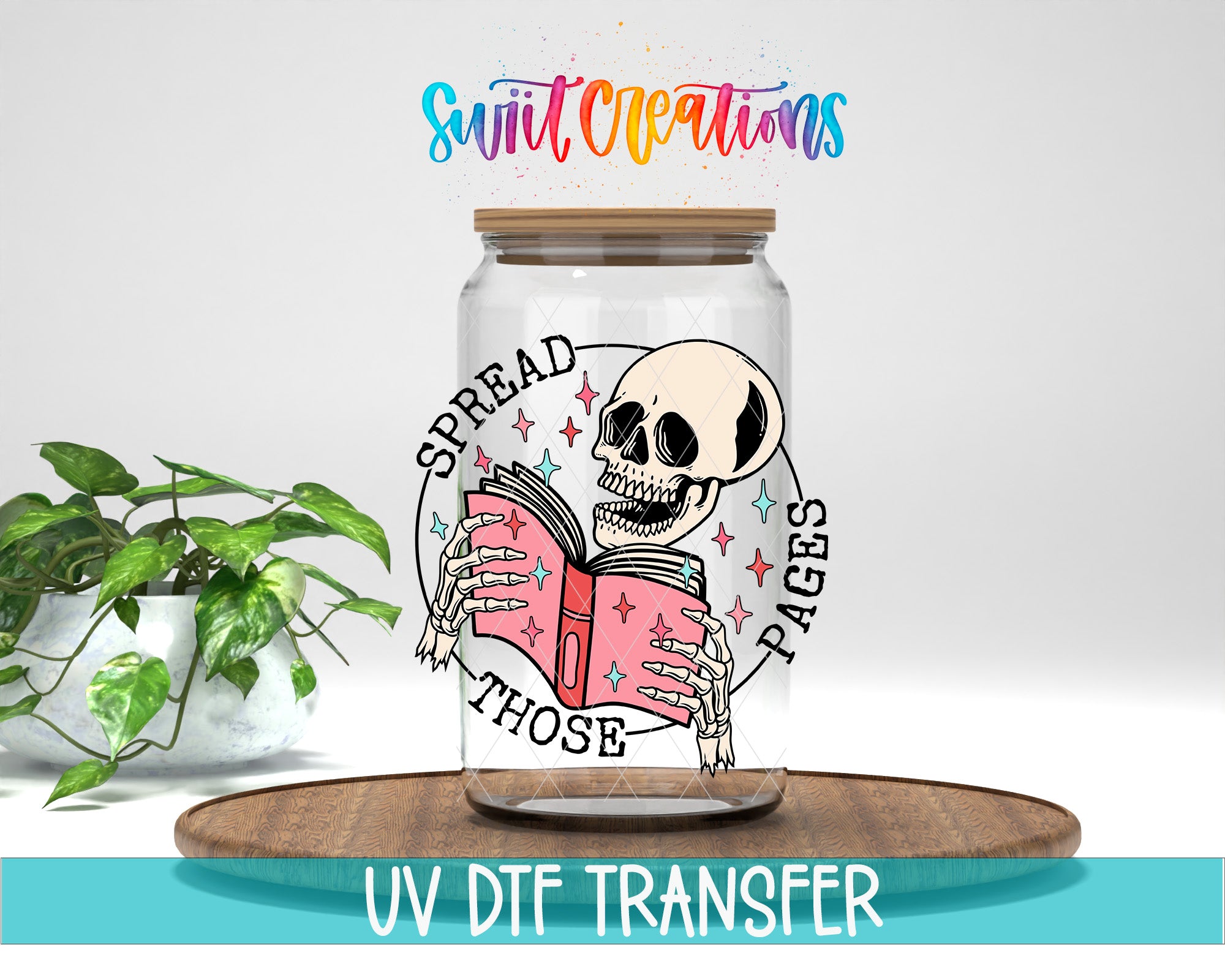 a glass jar with a skeleton holding a book, surrounded by a colorful design and text.