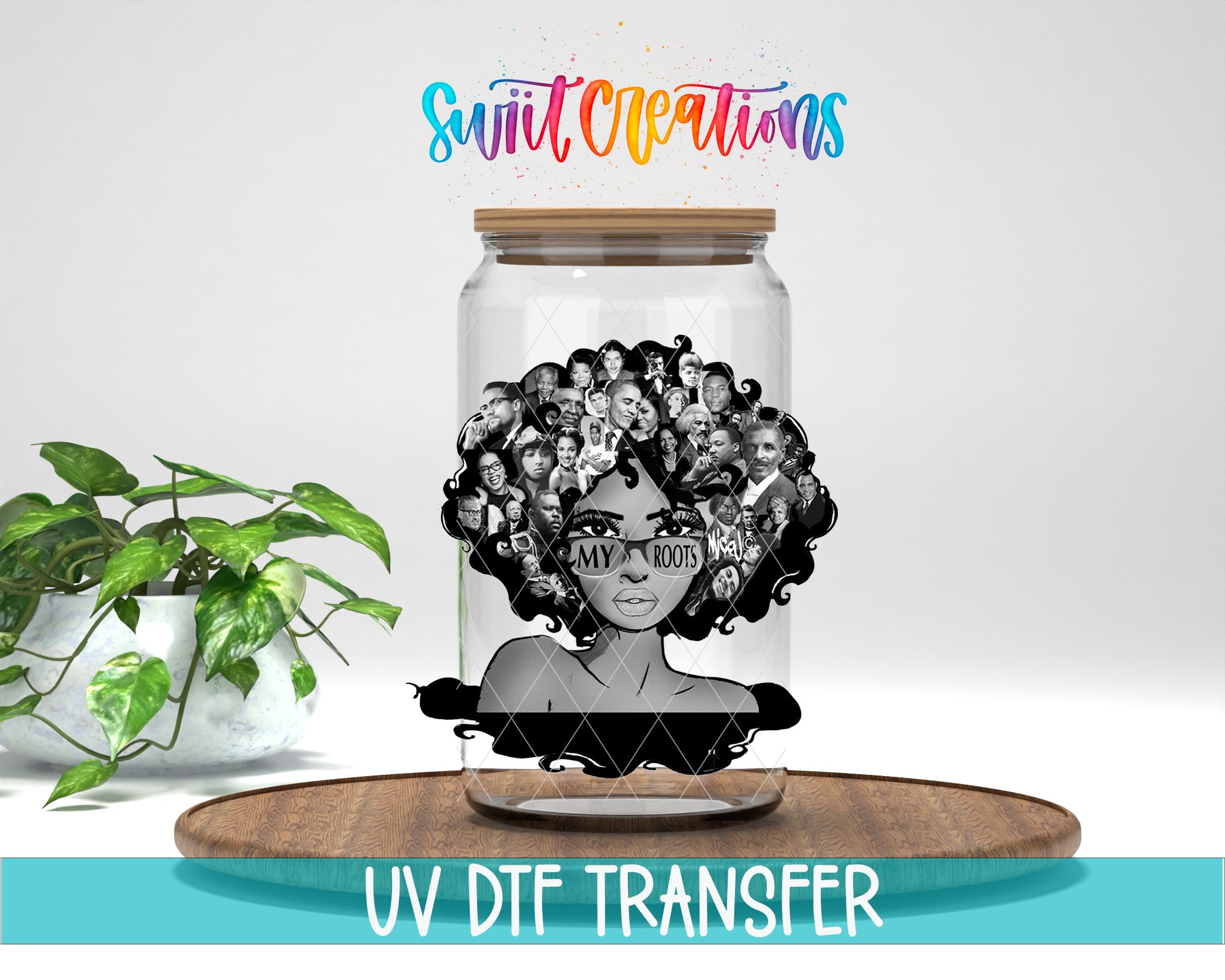 a glass jar with a black and white illustration of a woman's face surrounded by a collage of various people's faces, along with the text "My Roots" and "Swift Creations".