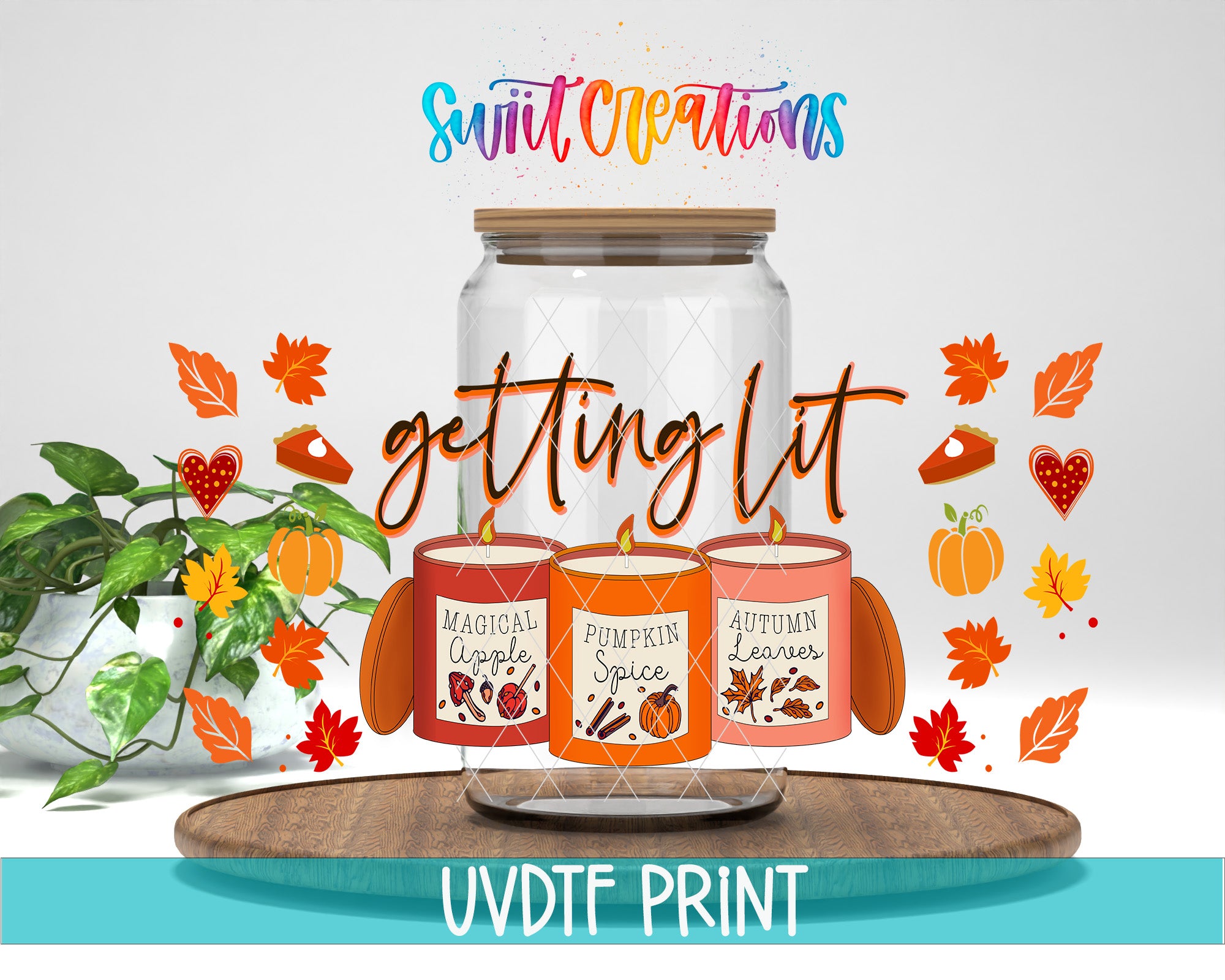 a jar of candles with autumn decorations around it