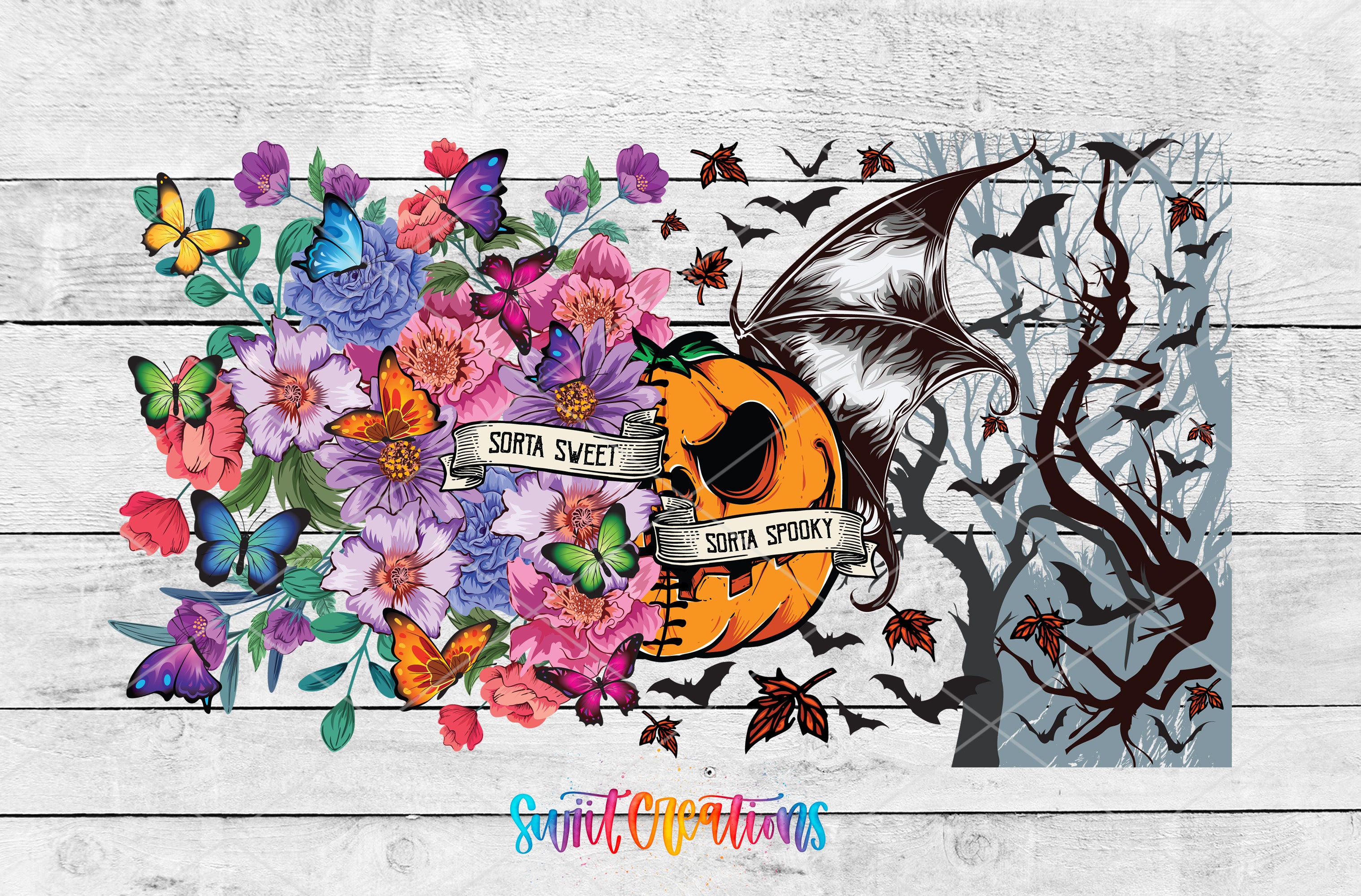 The image is a vibrant and whimsical collage featuring a pumpkin with a face, surrounded by a variety of colorful flowers, butterflies, and bats. The phrase "SORTA SWEET SORTA SPOKONY" is prominently displayed, adding a playful and festive touch to the overall composition.