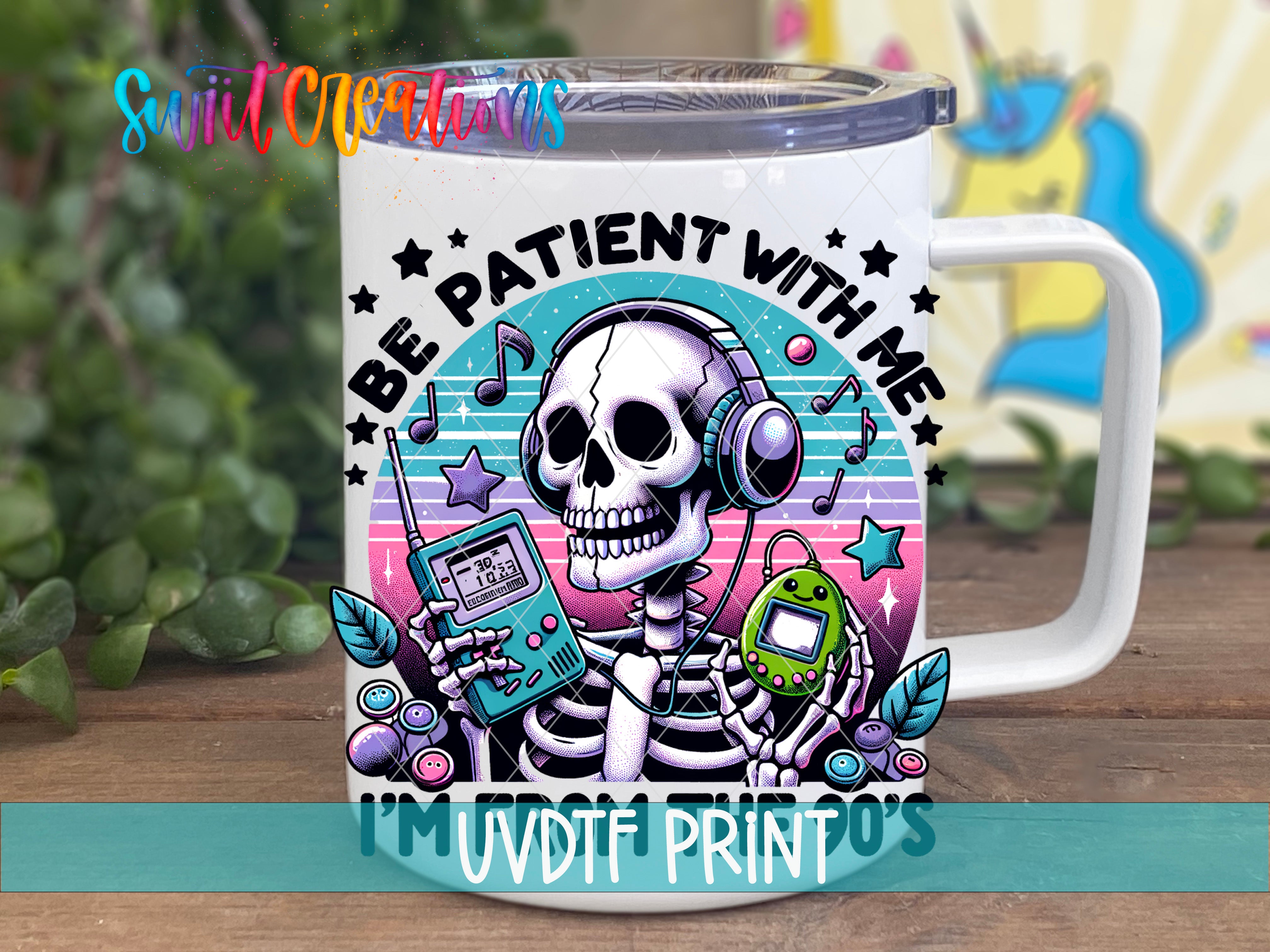 A mug with a colorful and whimsical design featuring a skeleton wearing headphones and holding a game controller, surrounded by musical notes and stars.