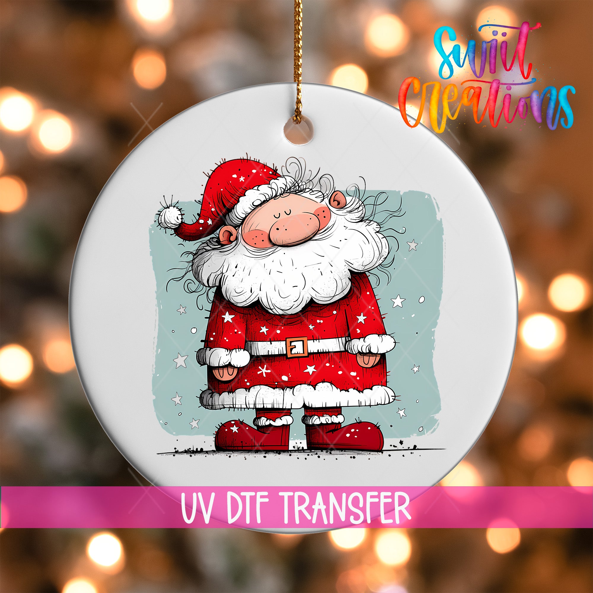 A ceramic ornament featuring a cartoon Santa Claus character wearing a red suit with white stars.