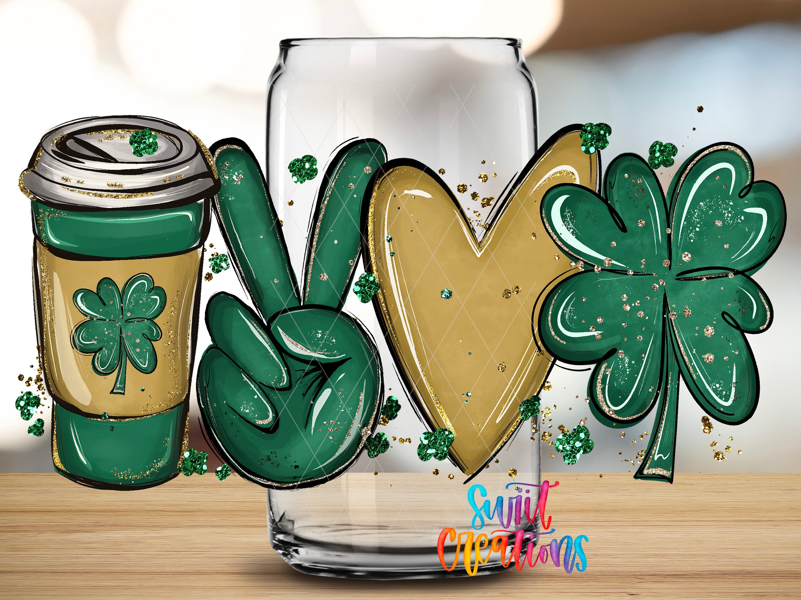 A hand gesture made with peace signs, a cloverleaf, and a coffee cup, all set against a blurred background.