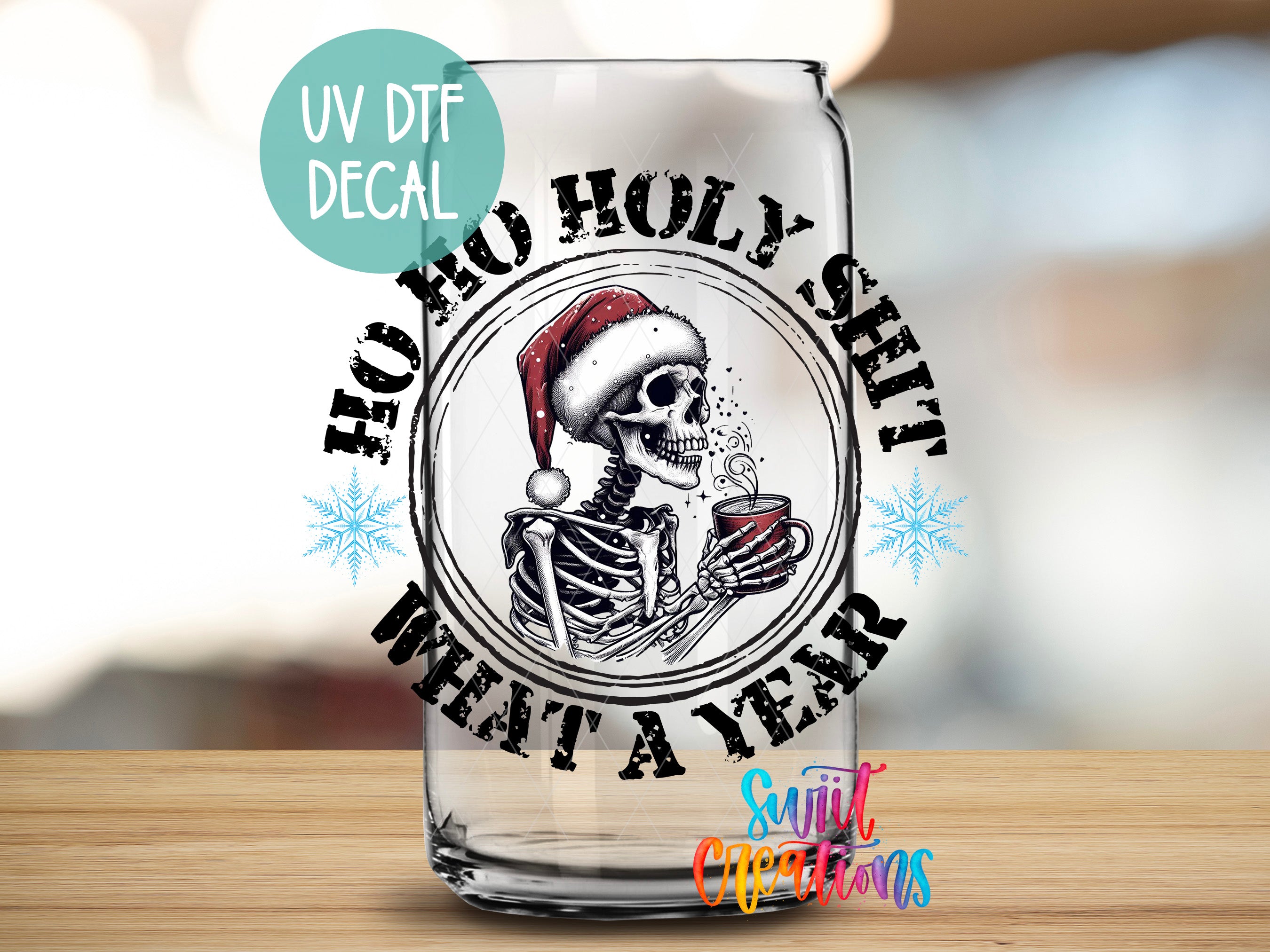a shot glass with a skeleton wearing a santa hat