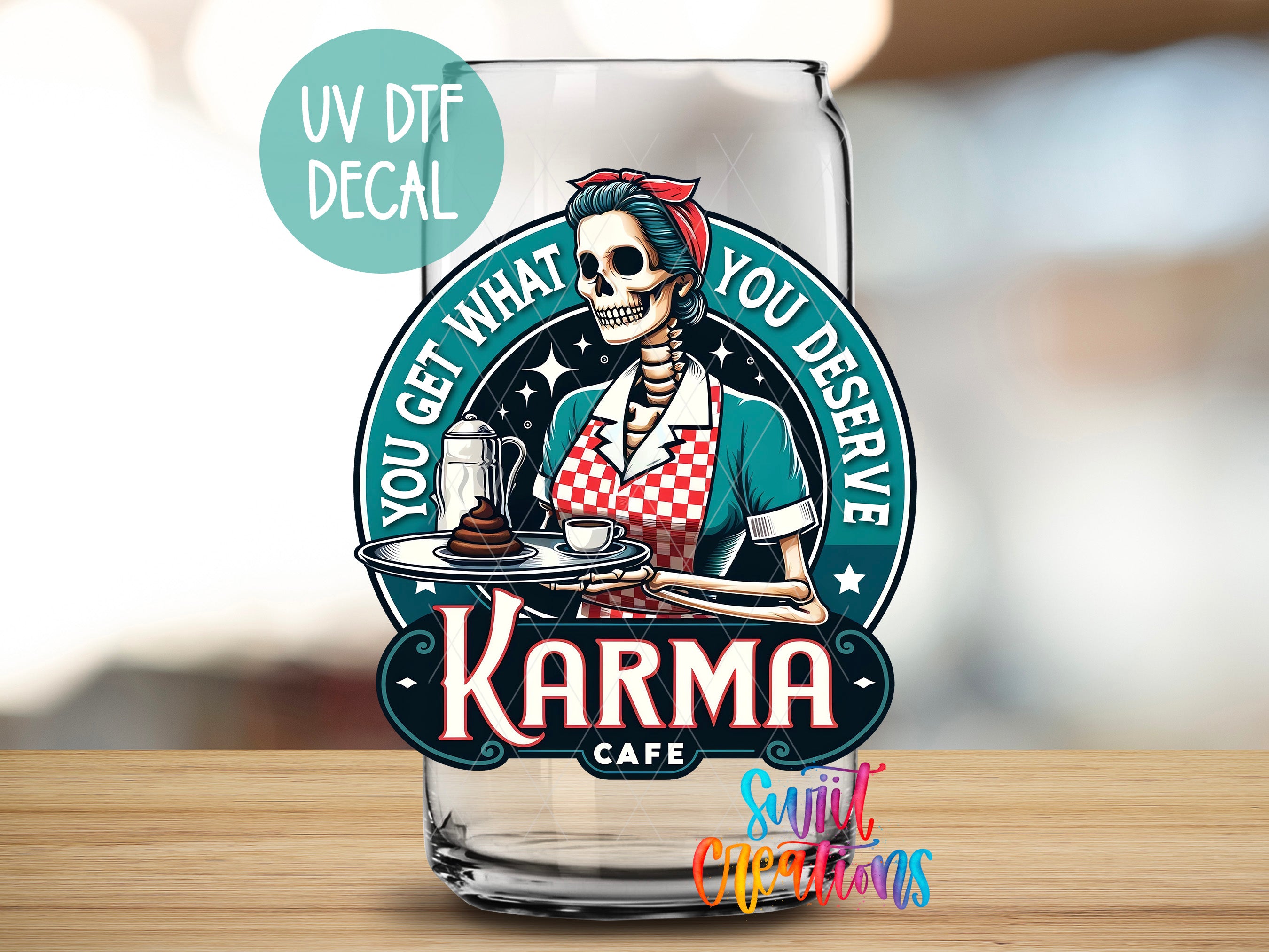 a glass with a picture of a skeleton holding a tray of food