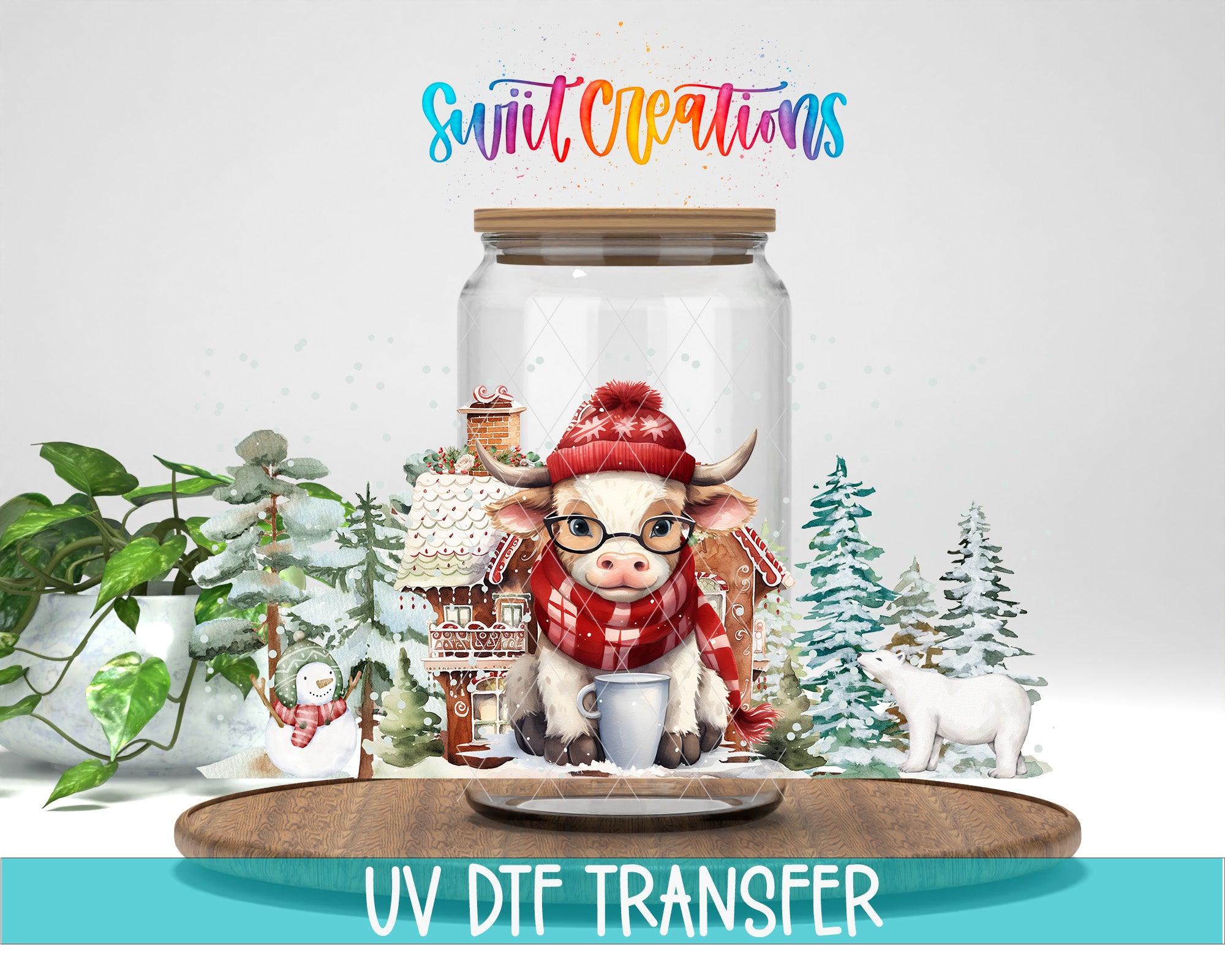 A cow wearing a red hat and scarf is sitting inside a glass jar, surrounded by a snowy winter scene with a snowman, pine trees, and a polar bear.