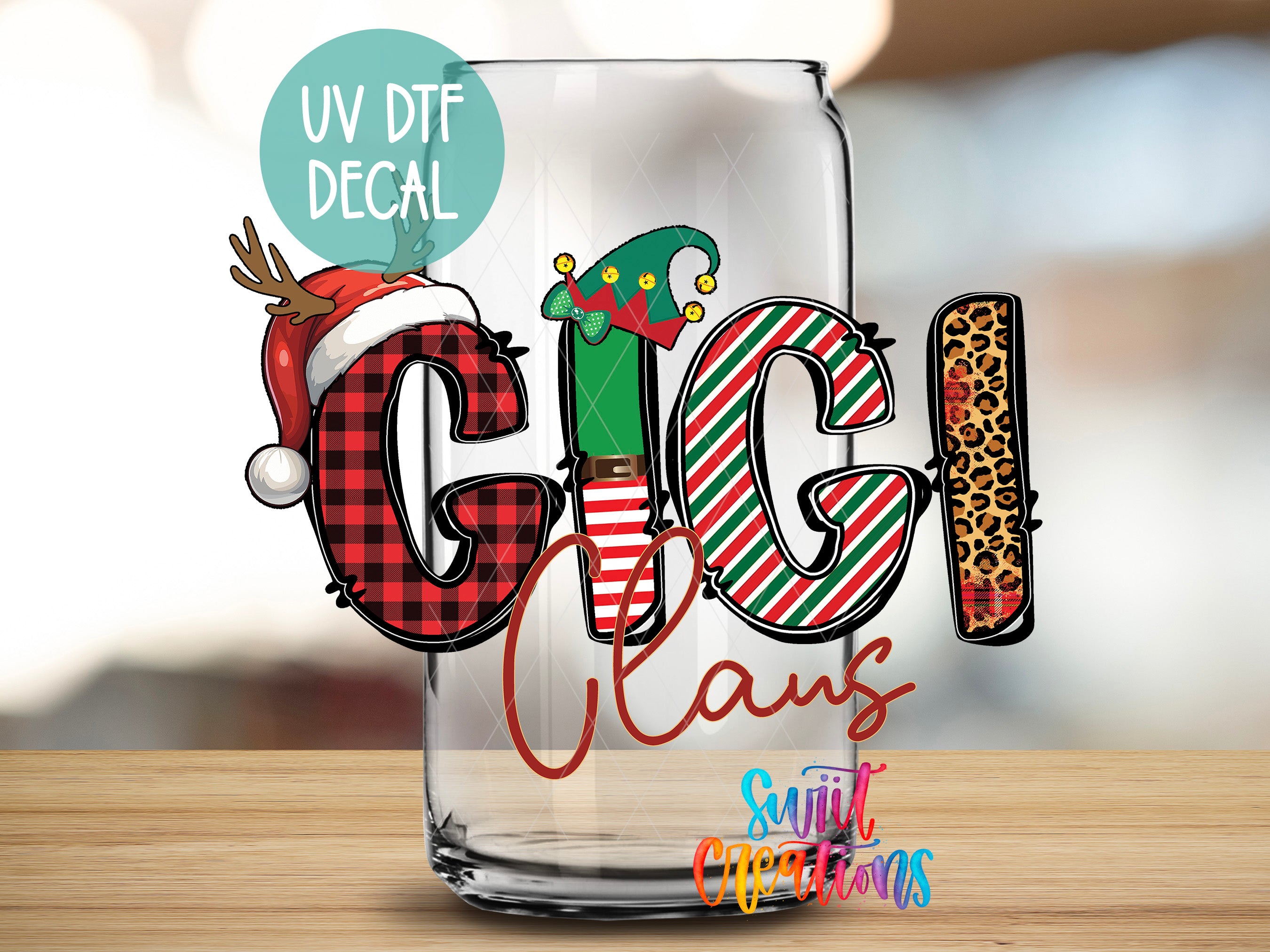 a glass with the word grin claus on it