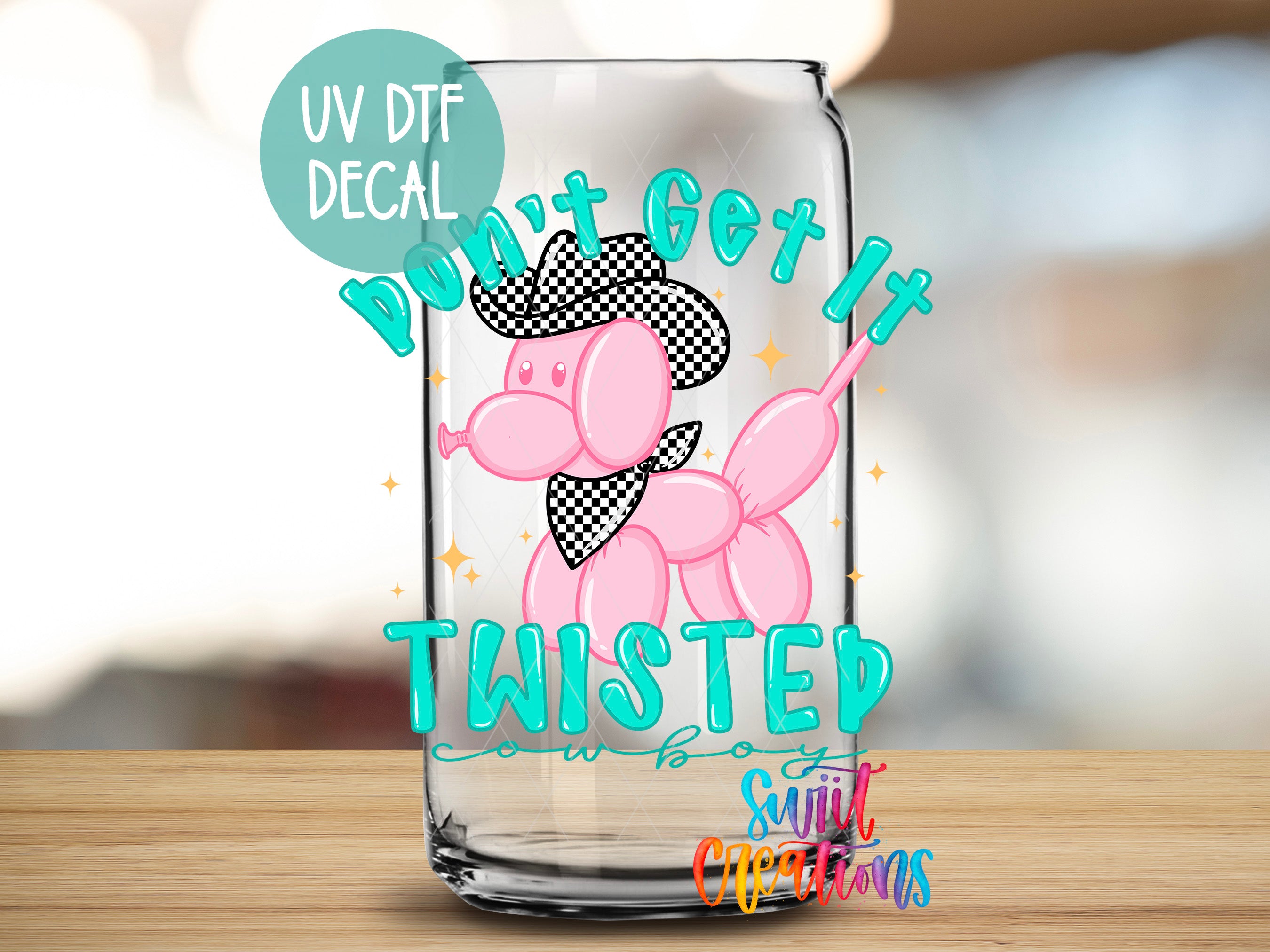 A glass can with a cartoon image of a pink balloon dog wearing a cowboy hat and the text "Don't Get It" written on it.