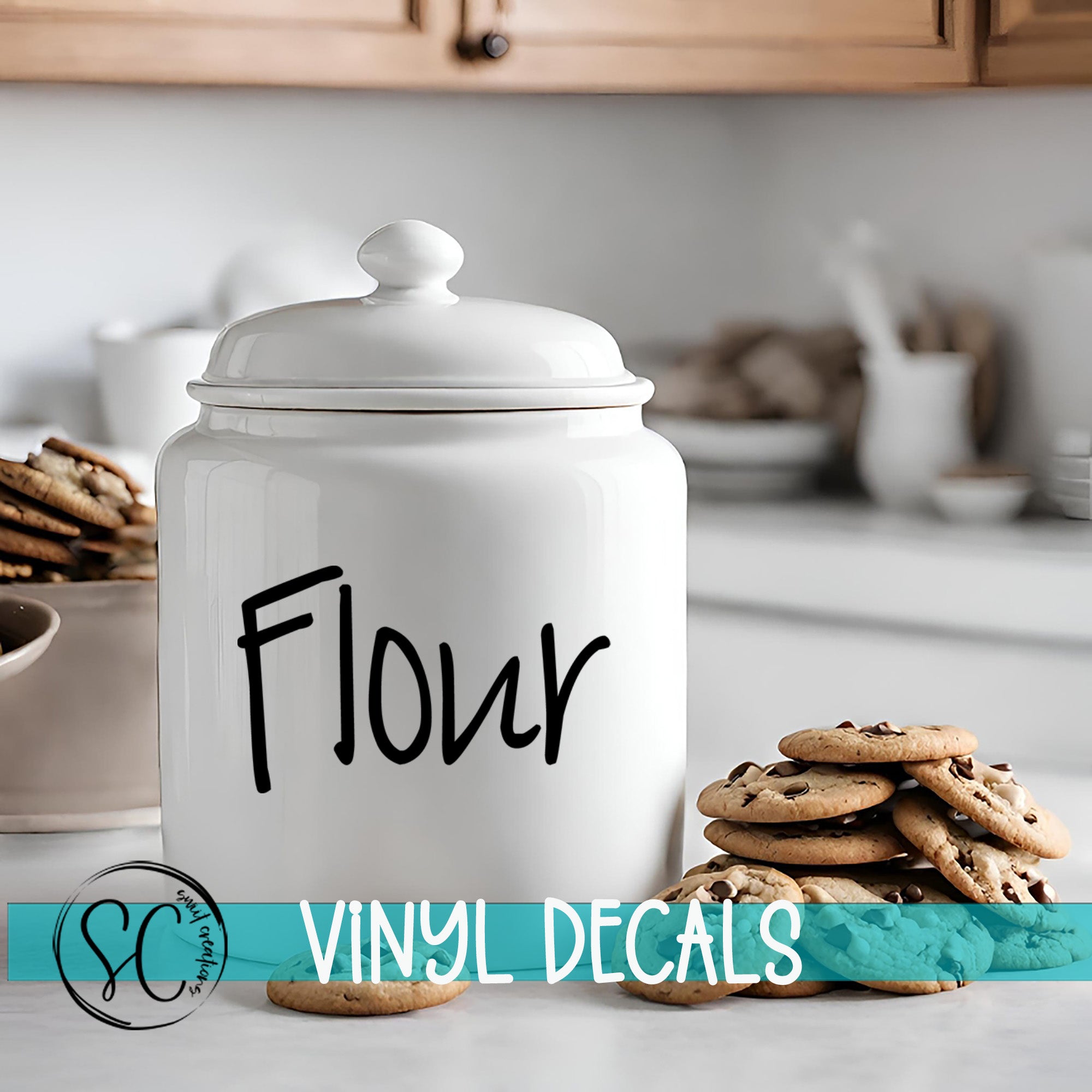 A white ceramic jar labeled "Flour" sits on a kitchen counter, surrounded by stacks of chocolate chip cookies.
