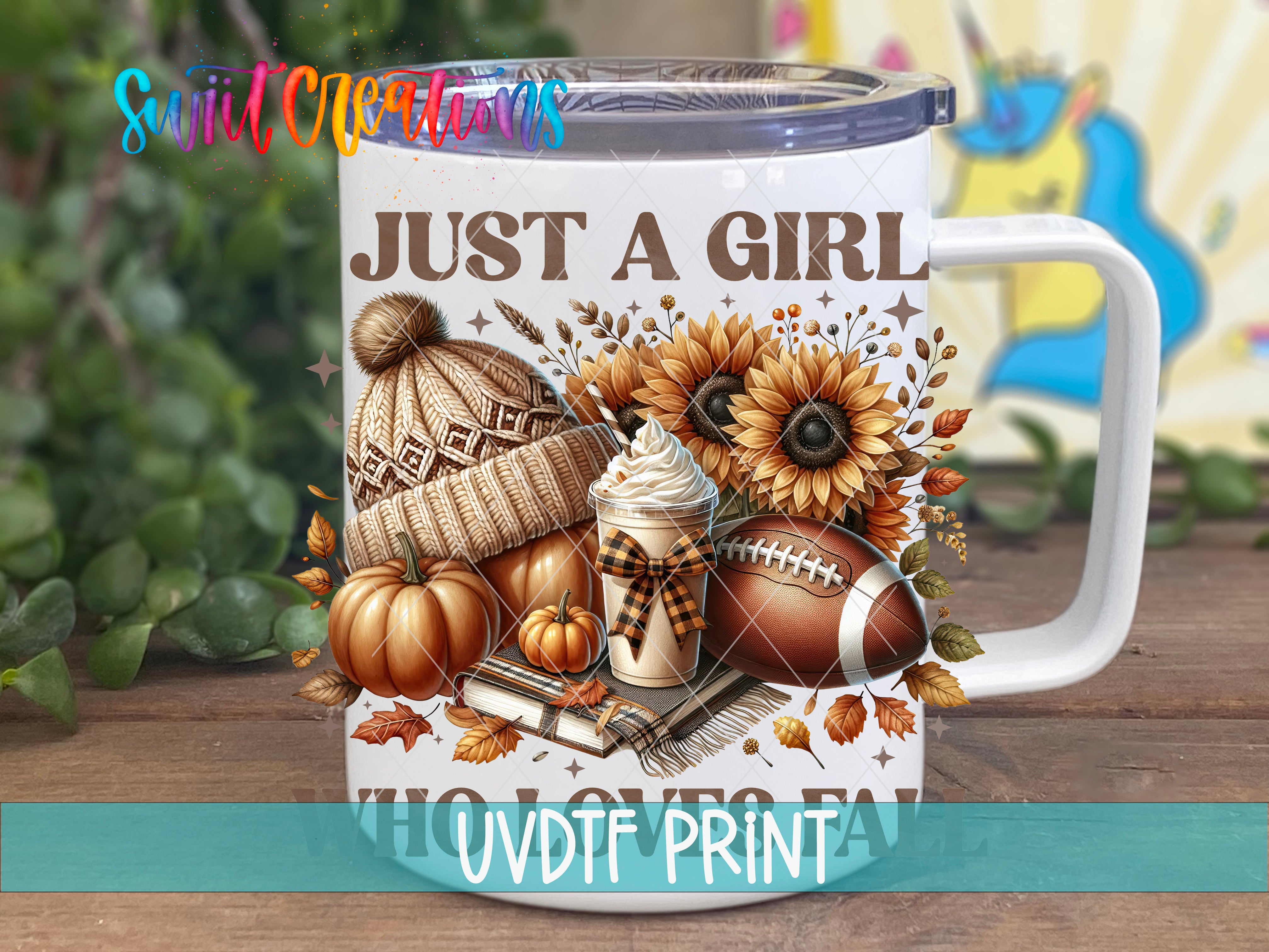 A white mug with a printed design featuring autumn-themed items such as sunflowers, pumpkins, a football, and a cup of coffee.