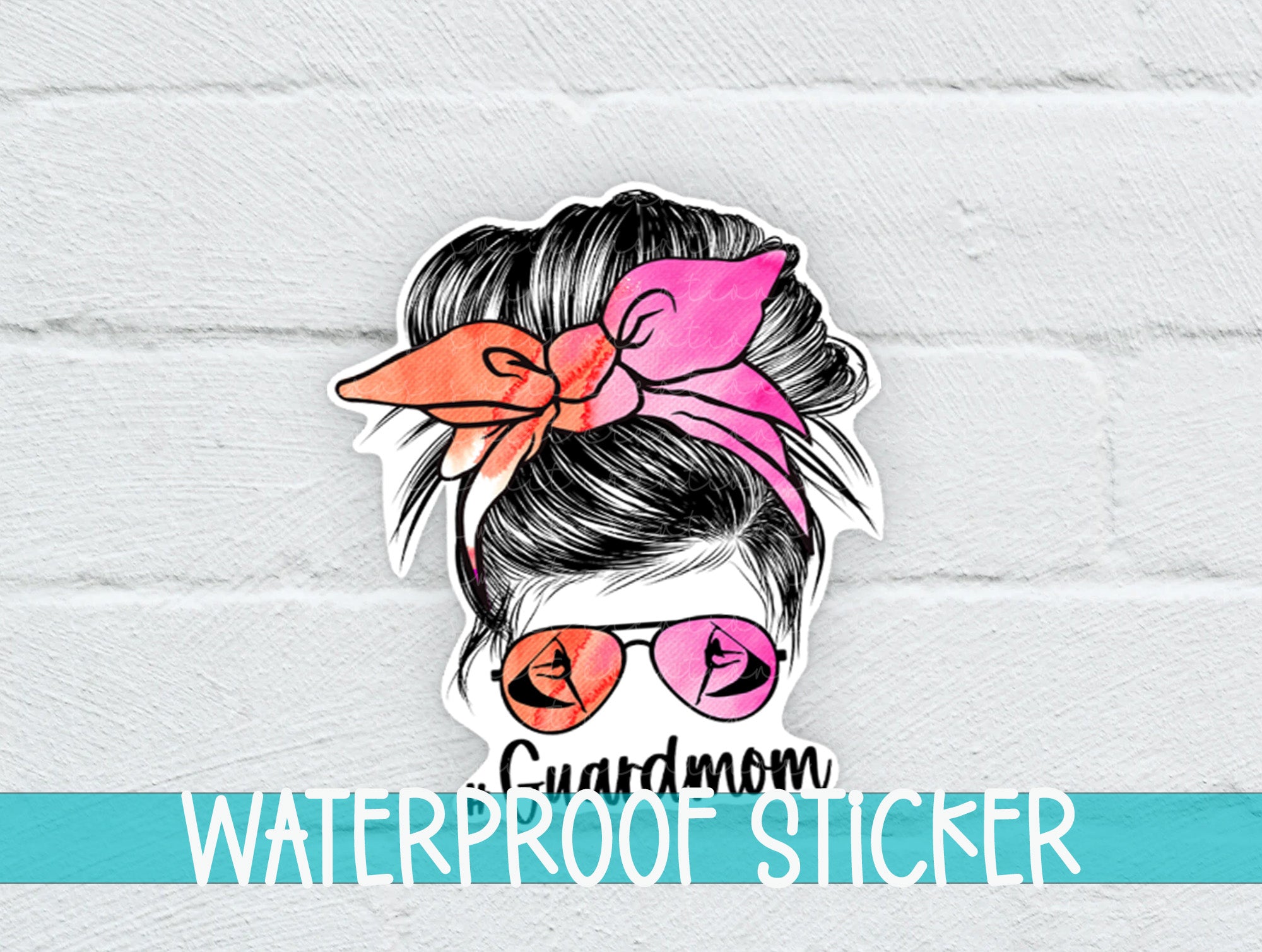 a sticker of a woman with a pink bow on her head
