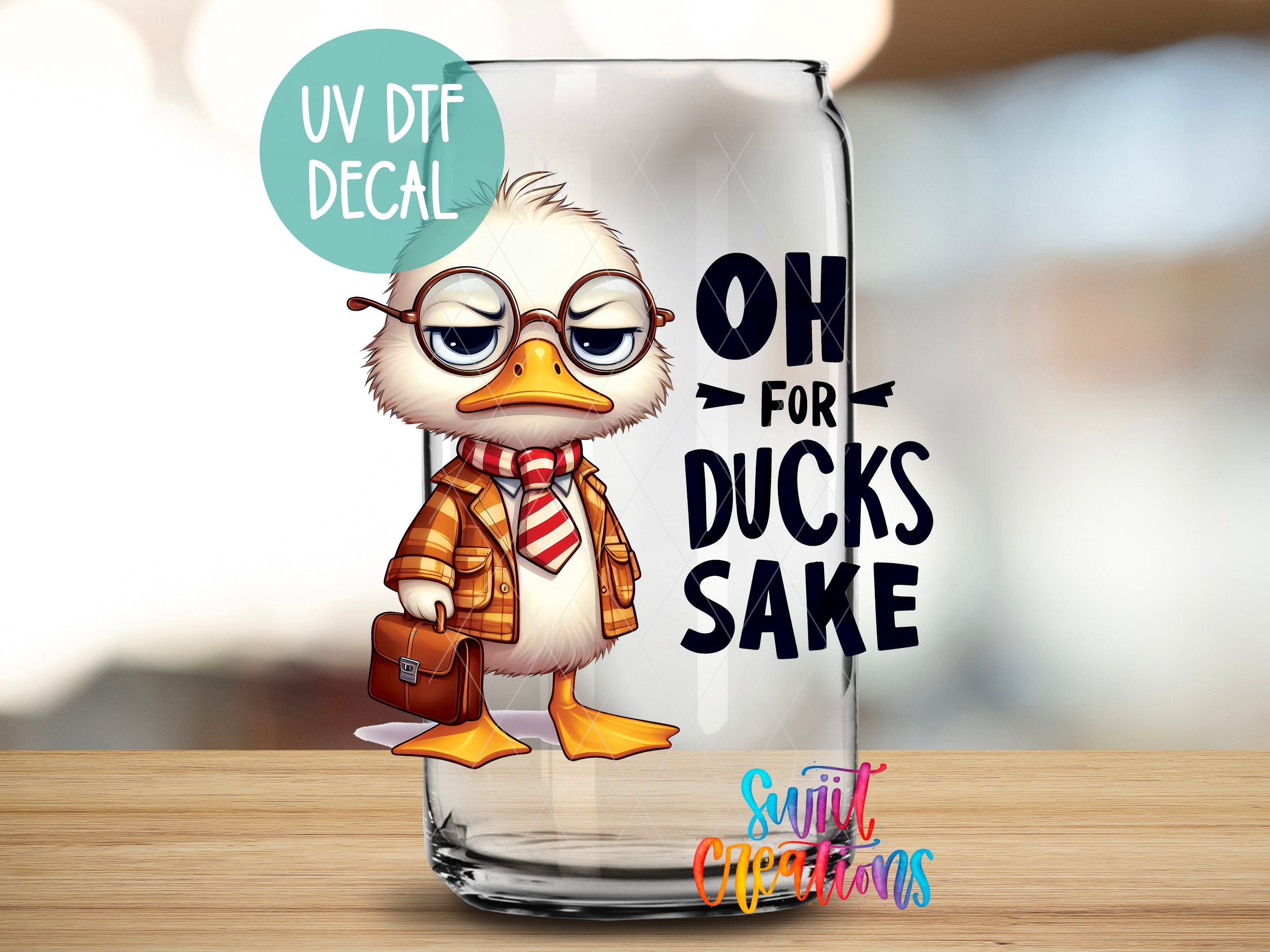 a glass with an image of a duck wearing a tie
