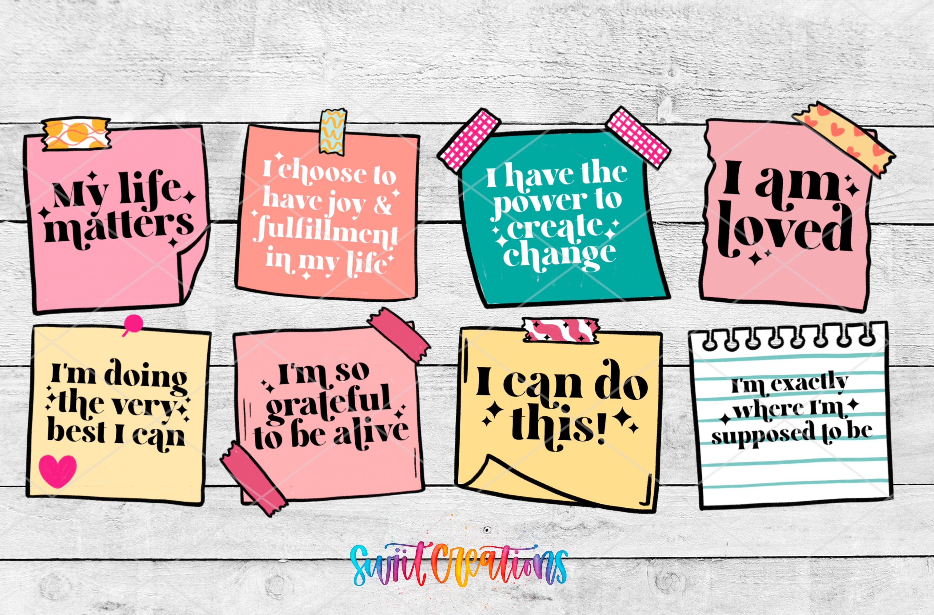 a collection of colorful sticky notes with motivational phrases, taped to a wooden surface.