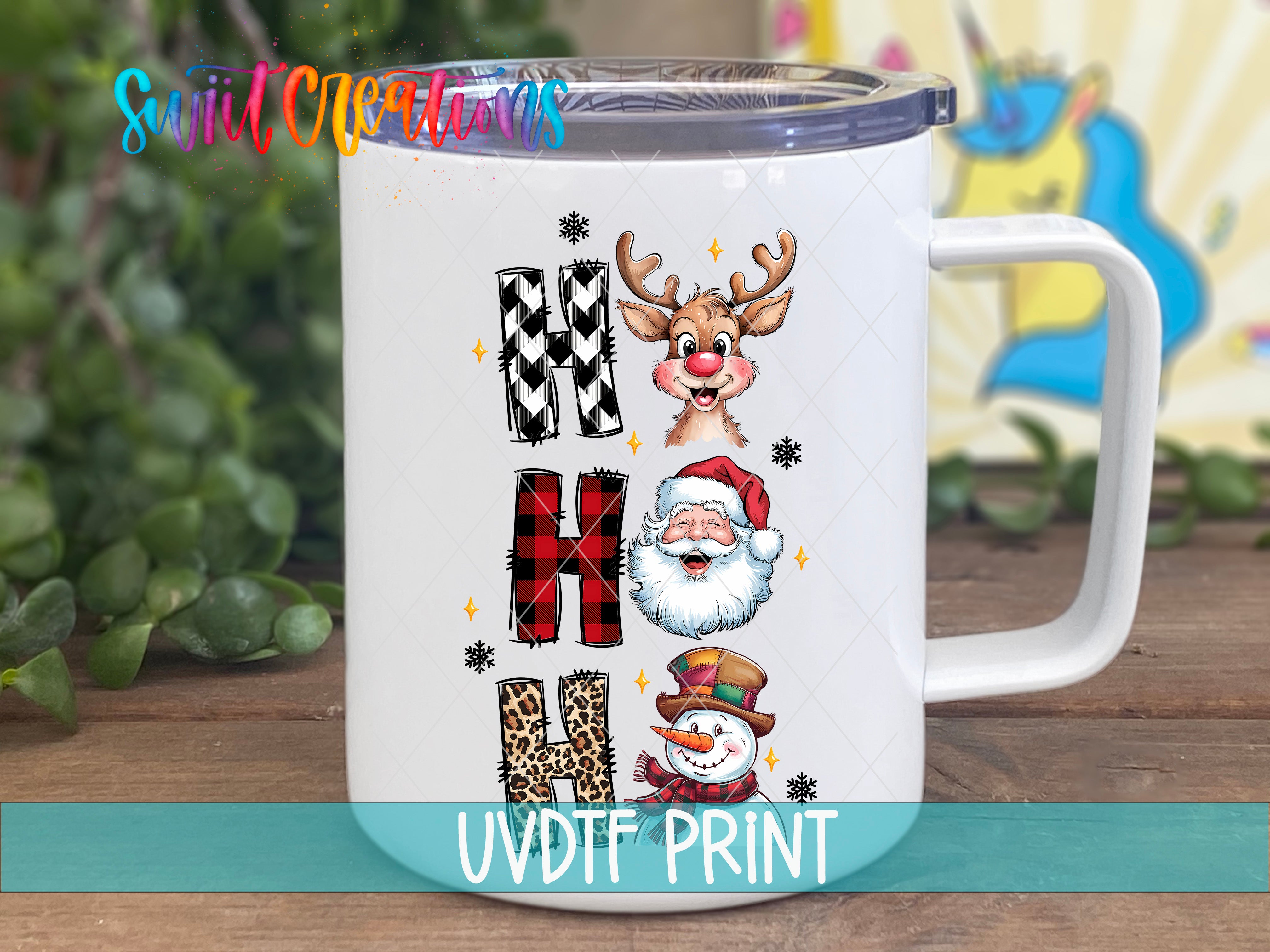 A white mug with a printed design featuring a reindeer, Santa Claus, and a snowman.