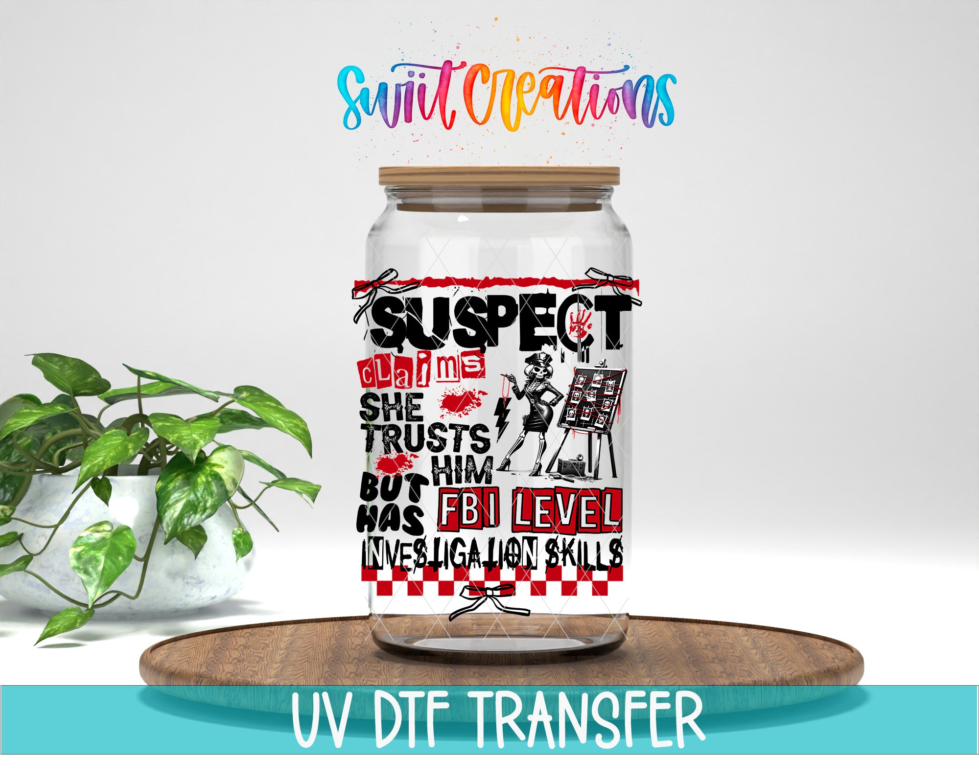 a jar with a label that says "SUSPECT" and "OBLIGATION" along with various other text elements. The jar is placed on a wooden surface, and there is a potted plant in the background.