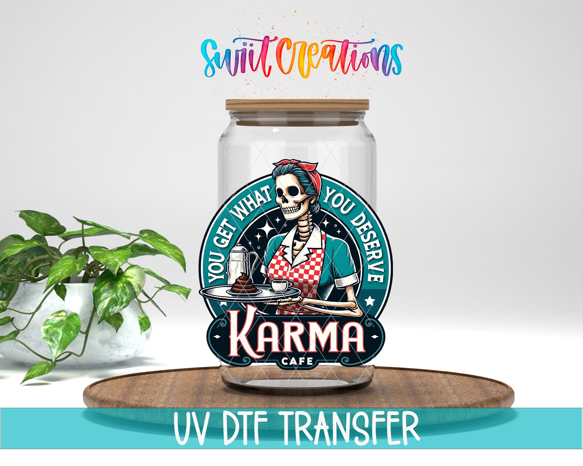 a glass jar with a label that includes a skeleton wearing a red and white checkered shirt and holding a coffee mug, along with the text "KARMA CAFE". The jar is placed on a wooden surface, and there is a potted plant in the background.