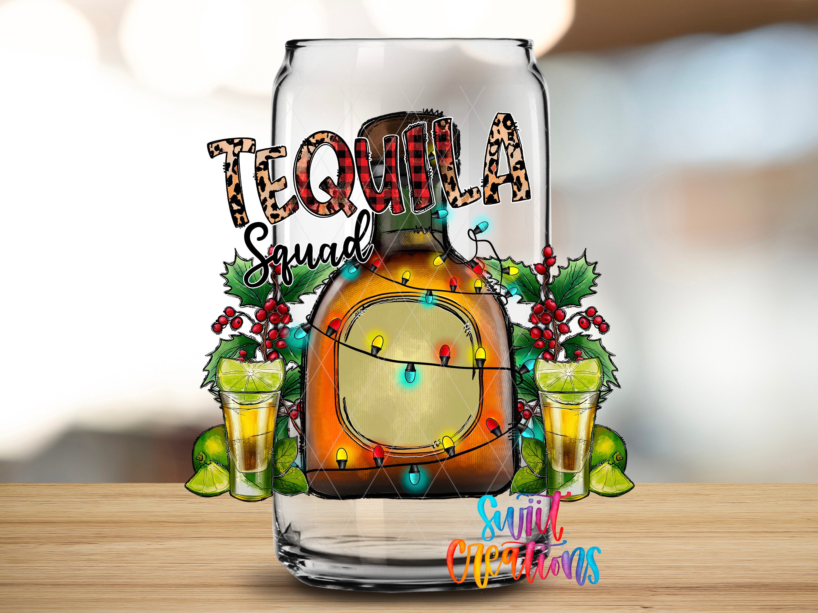 A glass filled with a brown liquid, likely tequila, surrounded by festive decorations such as holly leaves, berries, and lime slices. The text "TEQUILA Squad" is prominently displayed, and the phrase "Sunlit Christmas" is written below the glass.