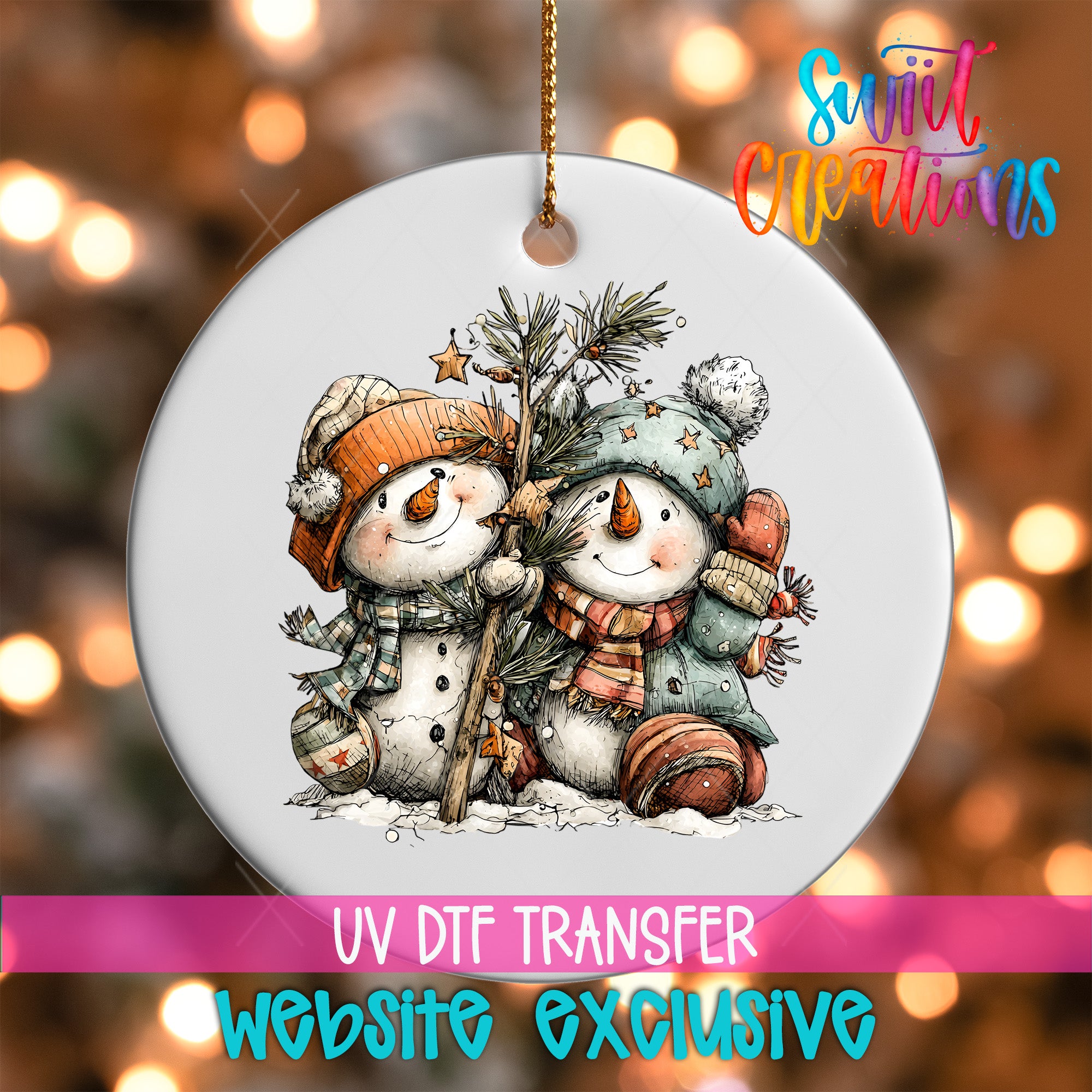 A white ornament with a snowman and pine tree design, featuring a UV DFT transfer of the image.