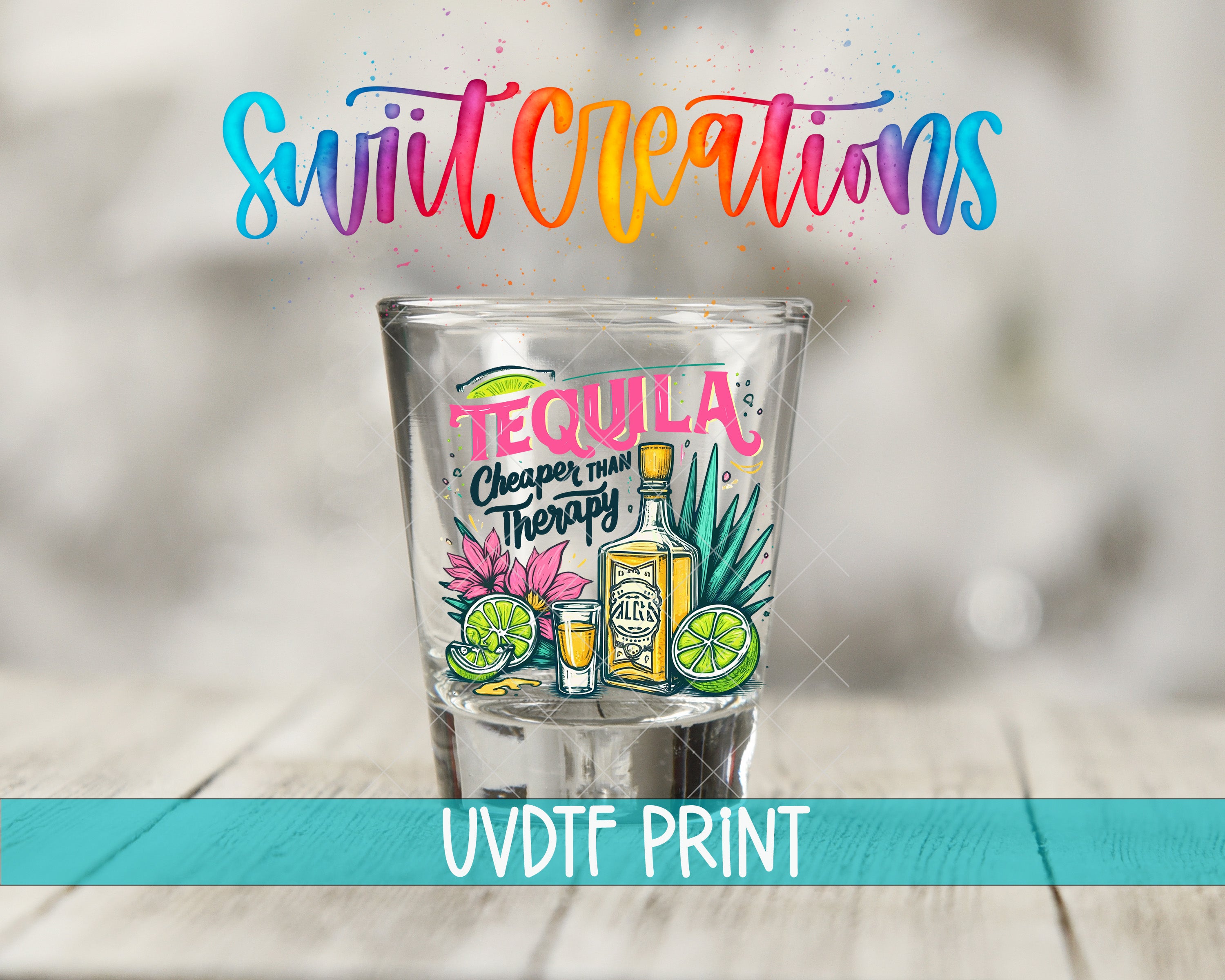 a colorful graphic of a tequila shot glass with illustrations of tequila bottles, lime slices, and other tequila-related elements.