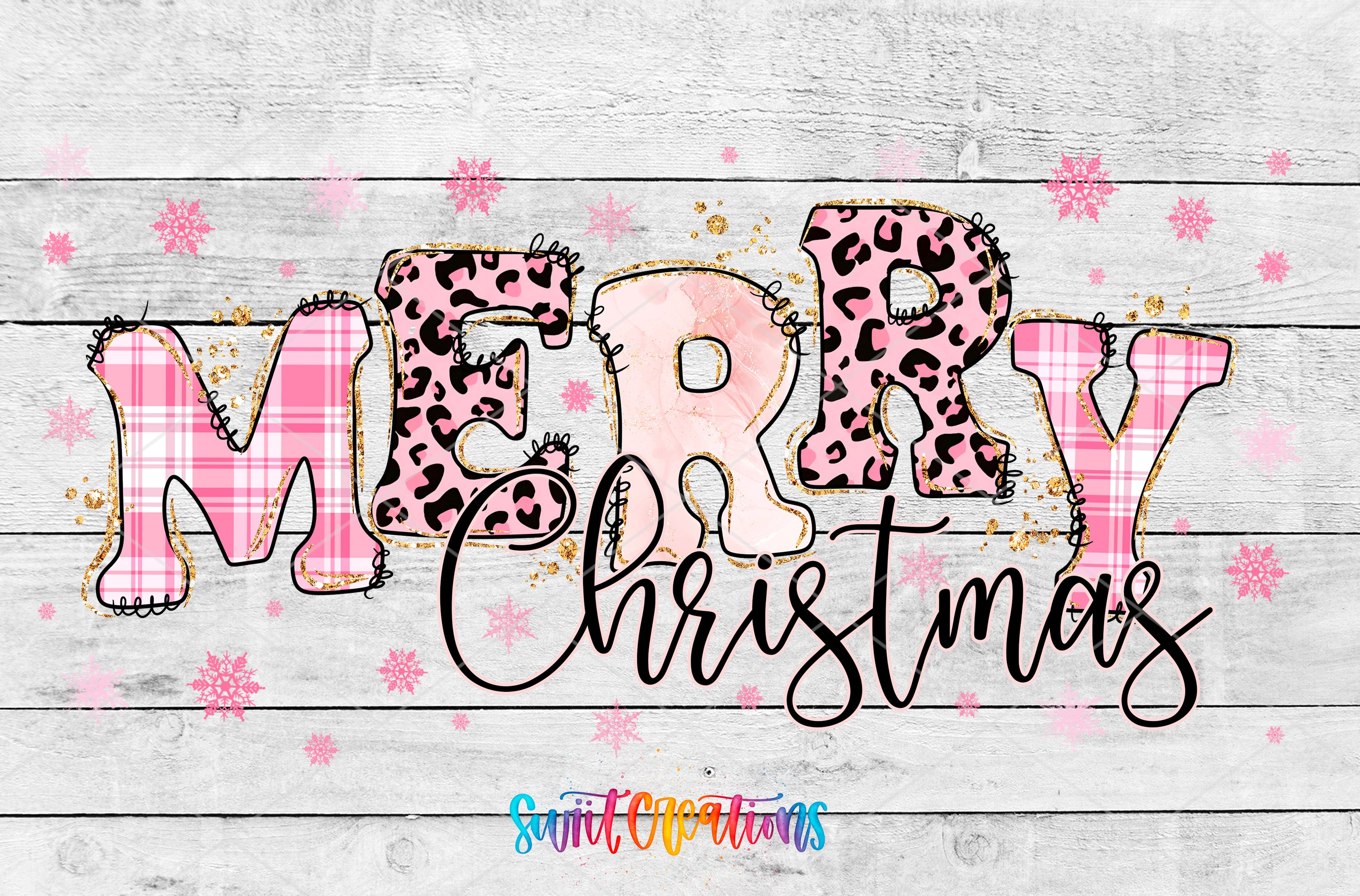 a large text that says "MERRY CHRISTMAS" with pink and leopard print elements. The text is surrounded by snowflakes and the phrase "SMIL" is written in the bottom right corner.