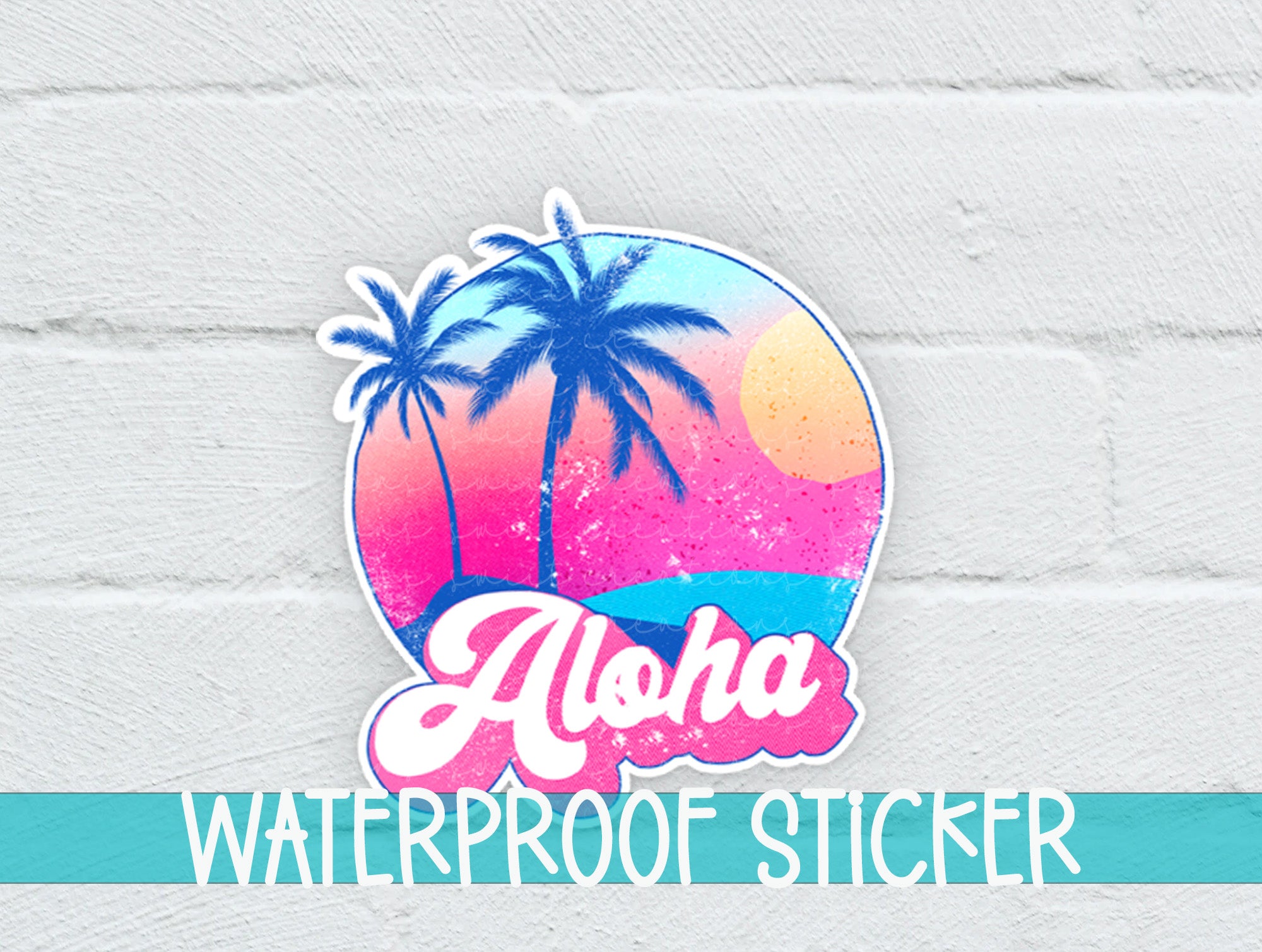 a white brick wall with the words aloha waterproof sticker on it