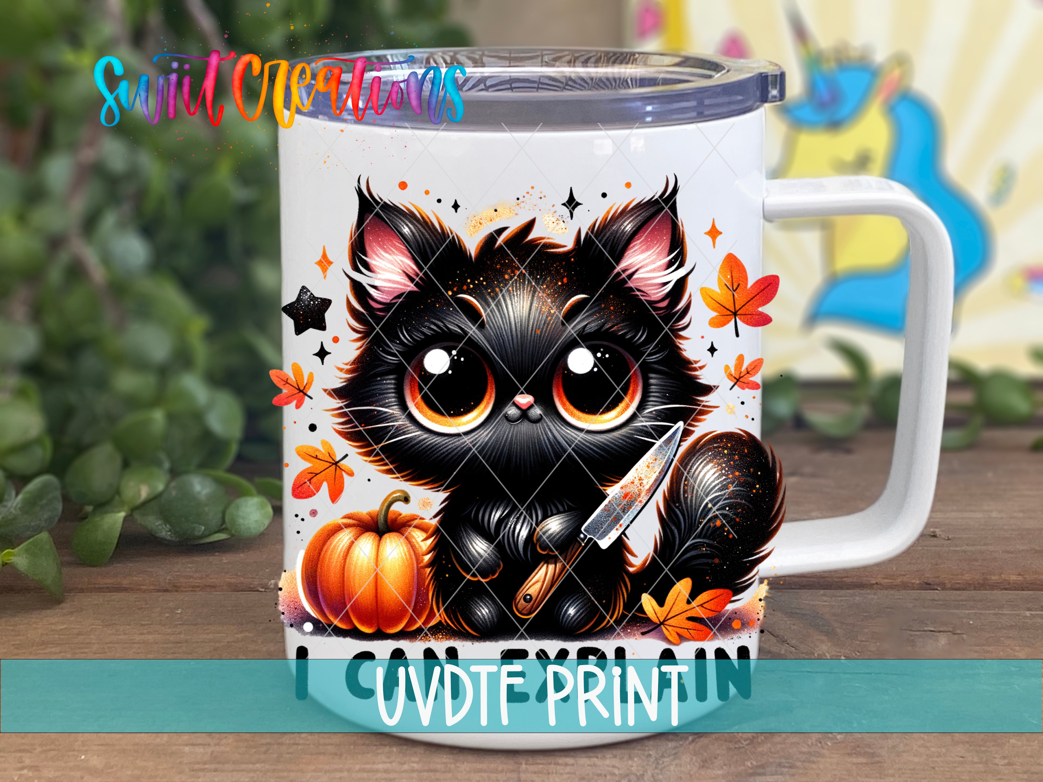 A mug with a black cat design featuring a pumpkin and a knife, surrounded by autumn leaves and stars.